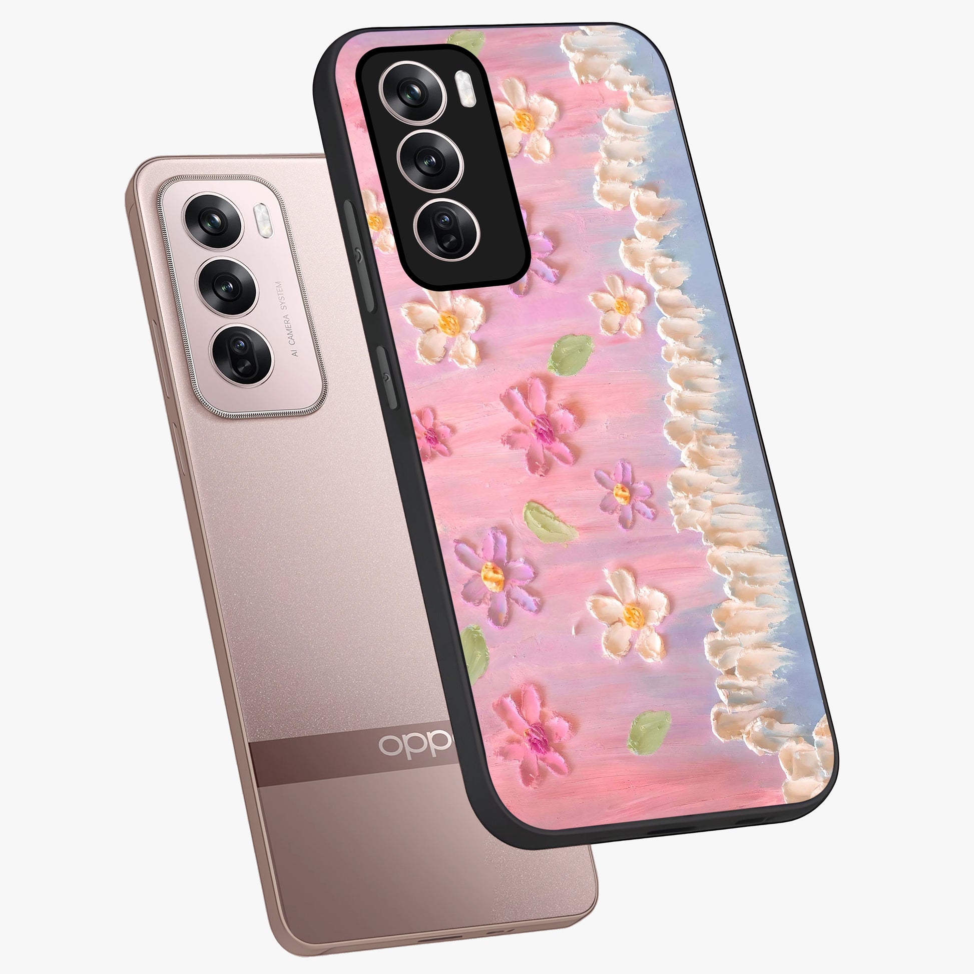 Dreamy Painted Garden Glass Case displayed in angled mockup highlighting colorful garden illustration with dreamy aesthetic style.