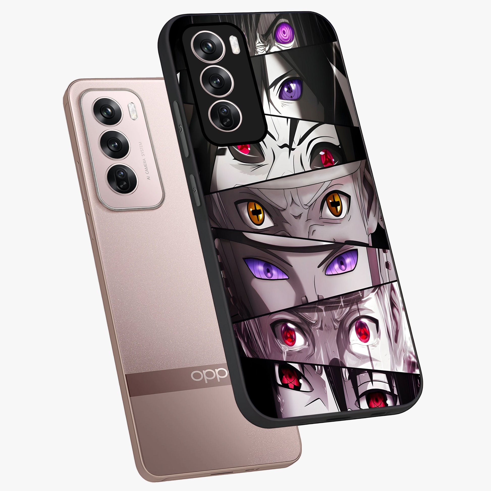 Eyes of Destiny Glass Case displayed in angled mockup highlighting bold eye illustration with mystical aesthetic style.