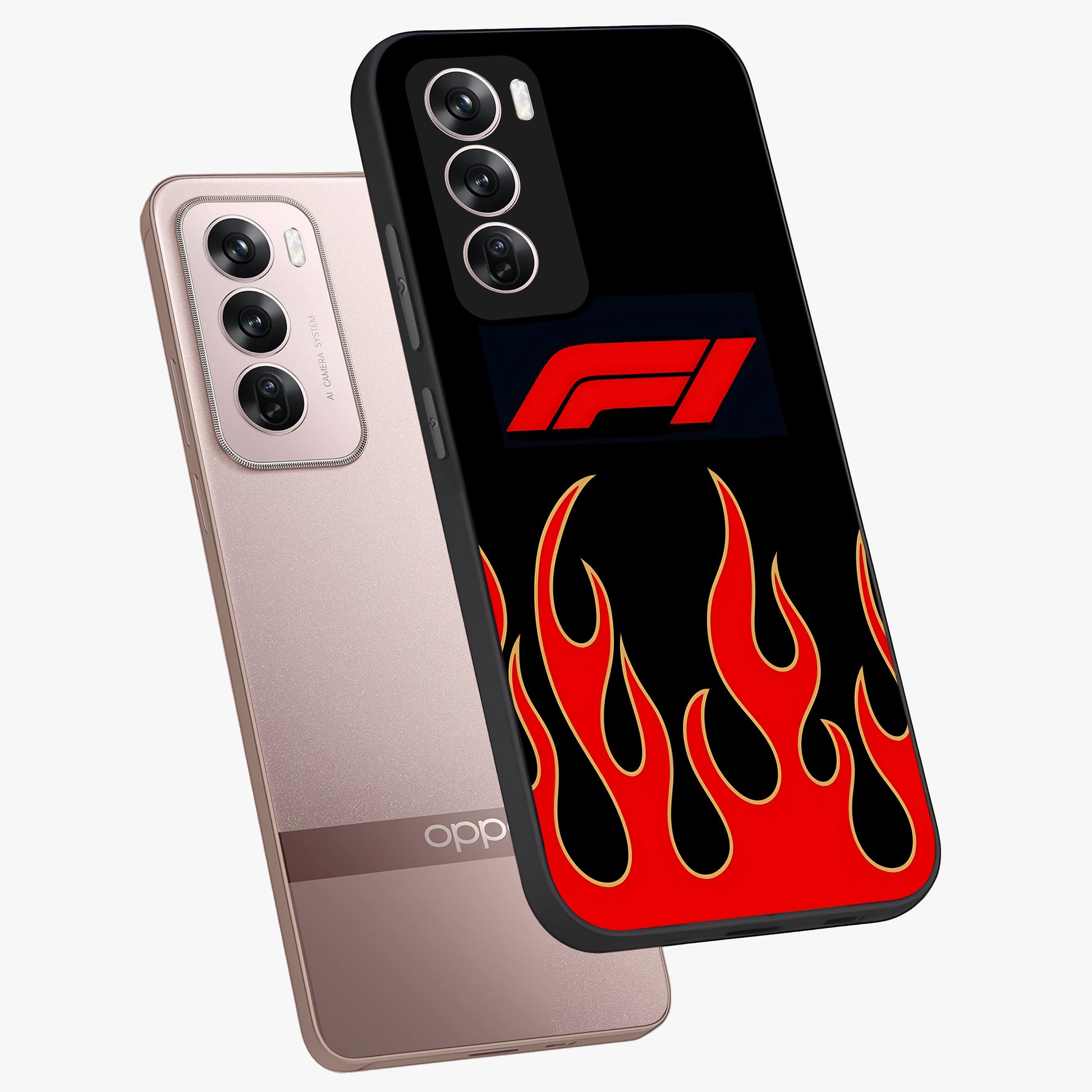 Fire F11 Glass Case displayed in angled mockup highlighting bold fire inspired graphic with energetic aesthetic style.