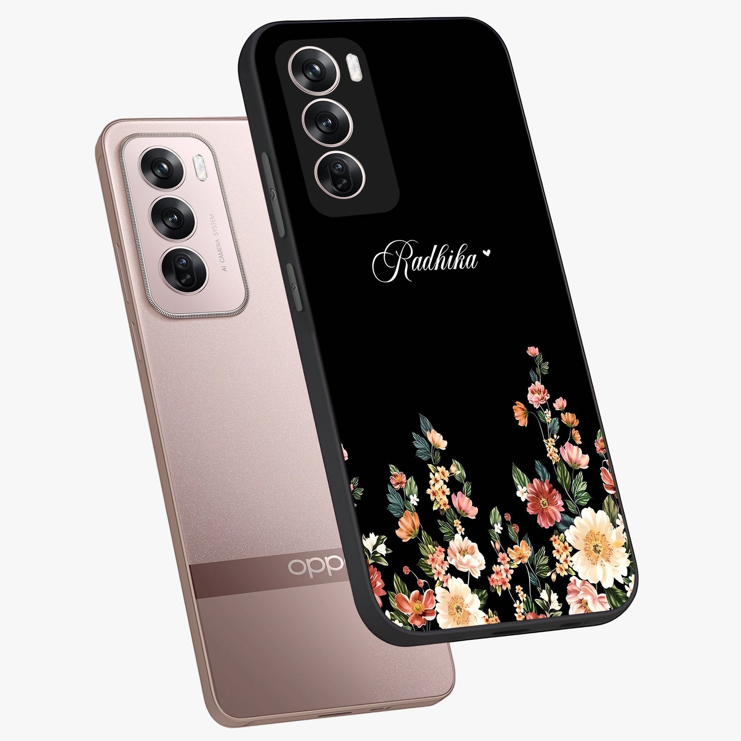 Floral Design With a Custom Personalized Name Glass Case displayed in angled mockup highlighting elegant floral pattern with custom name feature.
