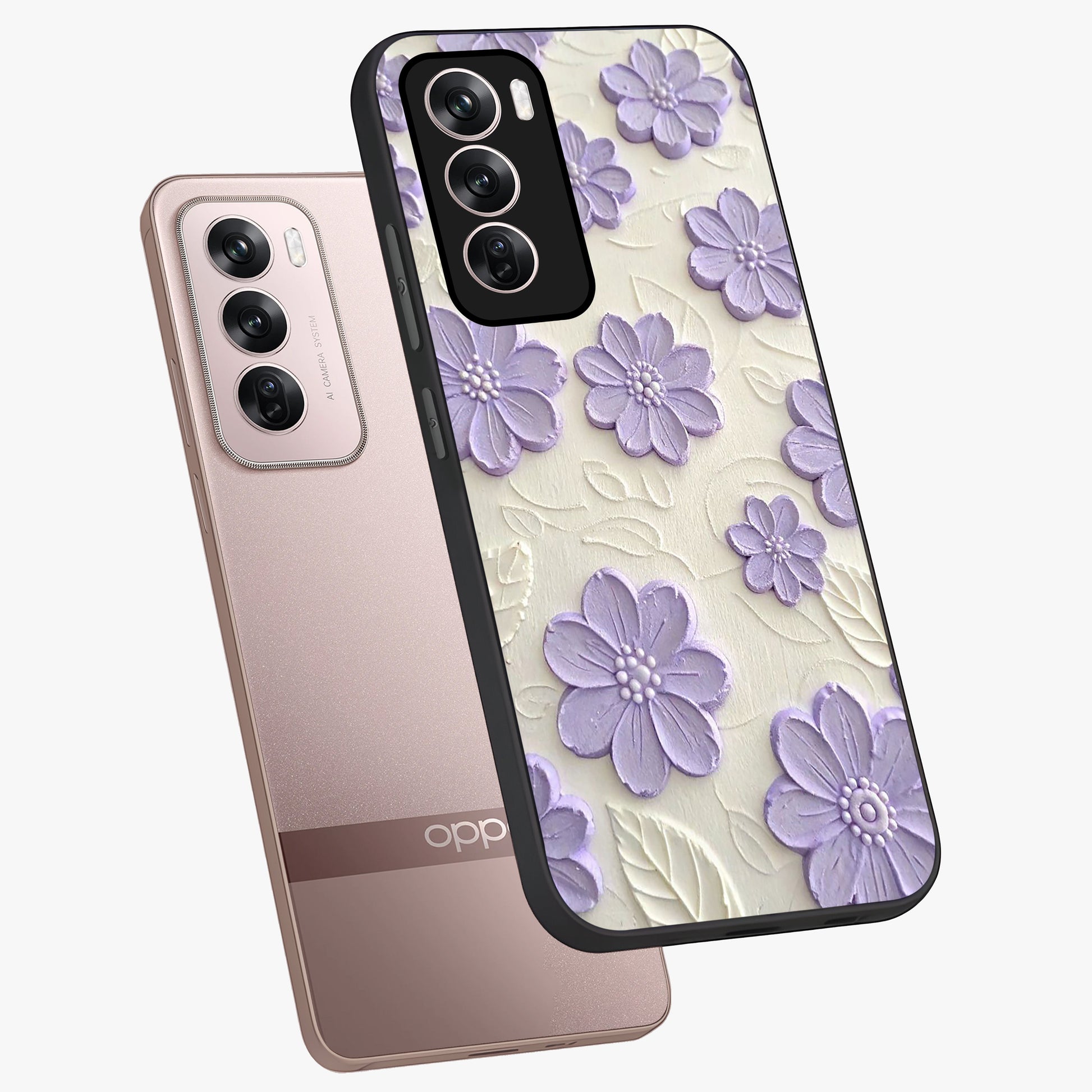 Floral Wall Art With Purple Flowers Glass Case displayed in angled mockup highlighting vibrant purple floral illustration with artistic aesthetic.