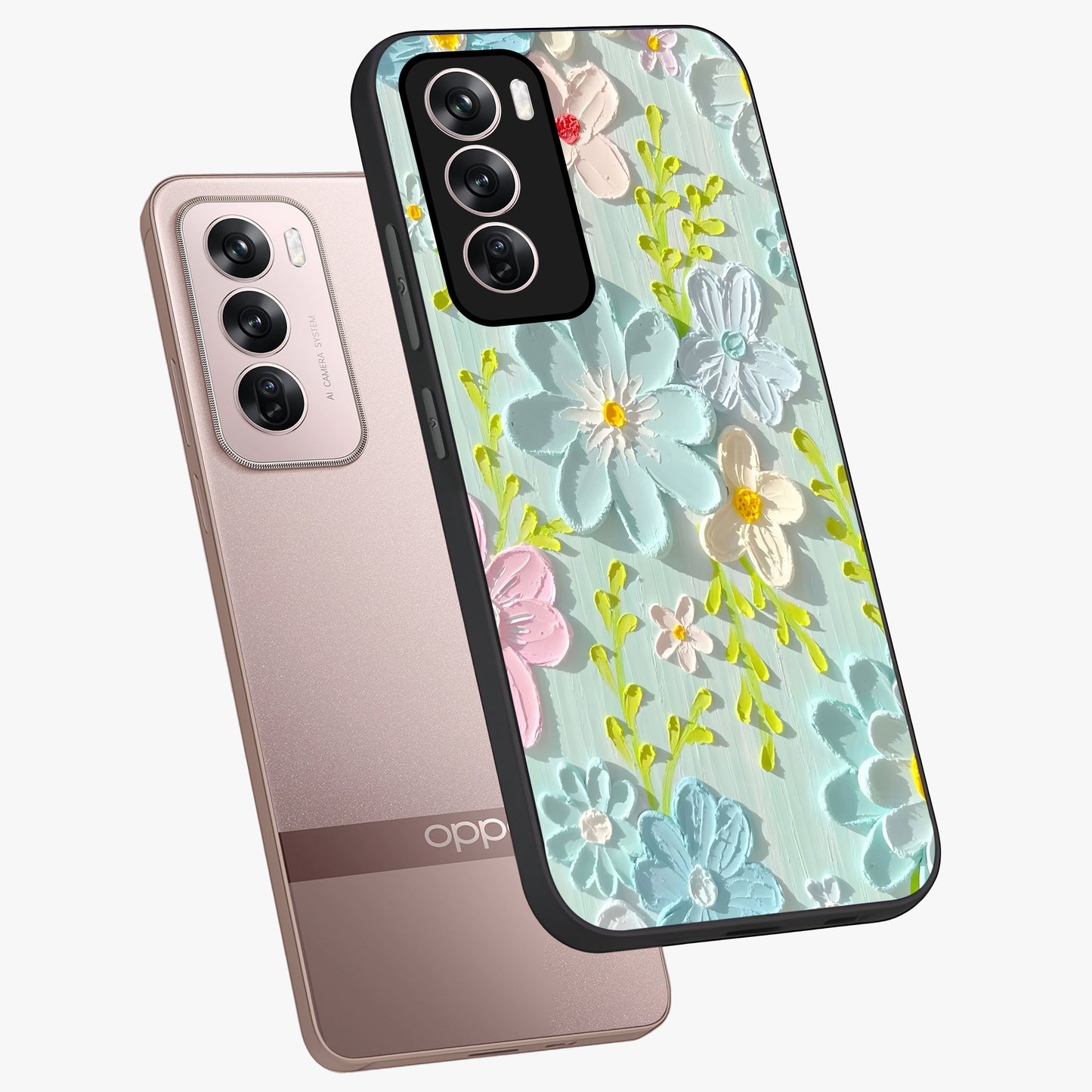 Frosted Petal Garden Glass Case displayed in angled mockup highlighting delicate flower petal design with calm garden aesthetic.