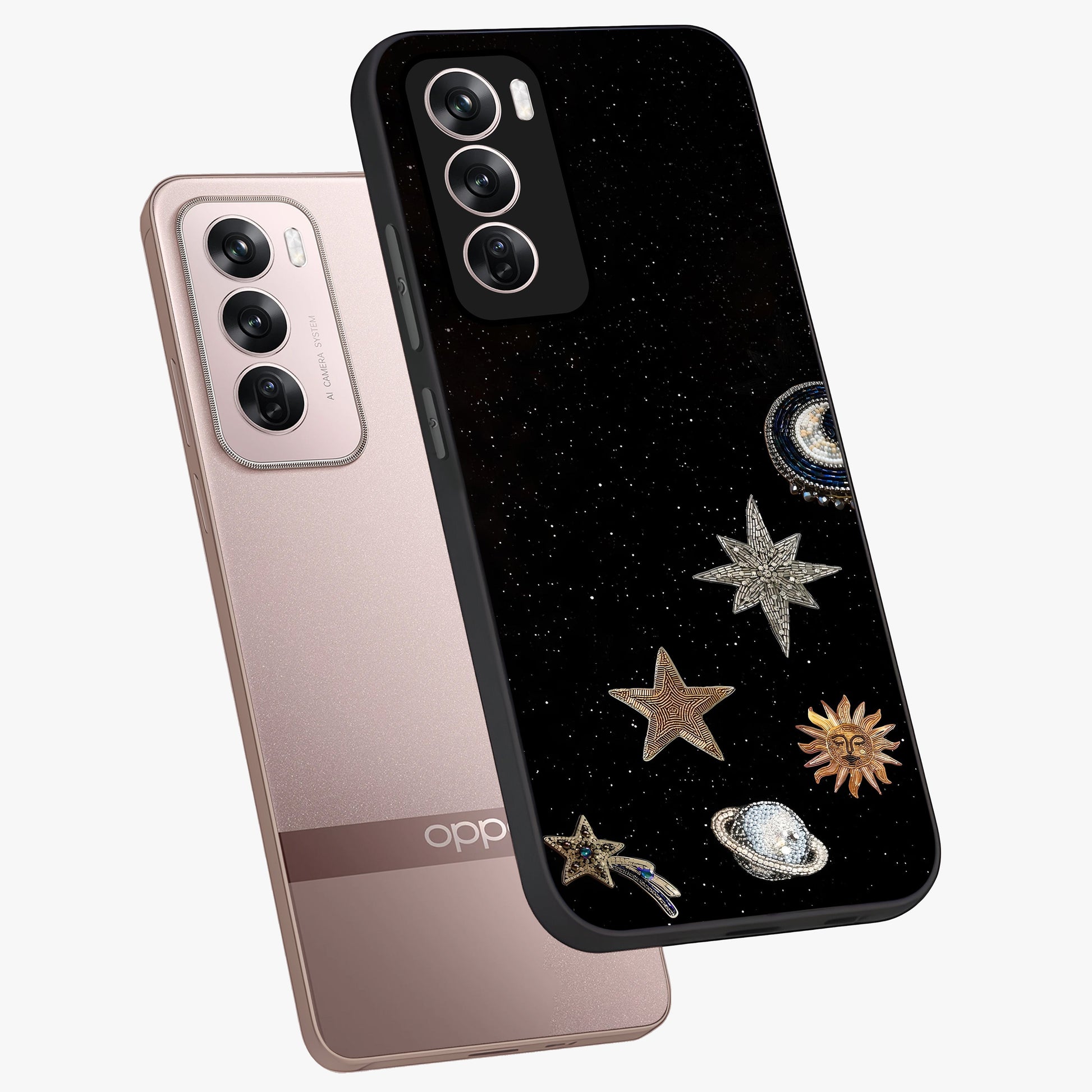 Galactic Charm Glow Glass Case displayed in angled mockup highlighting luminous galaxy inspired design with dreamy aesthetic.