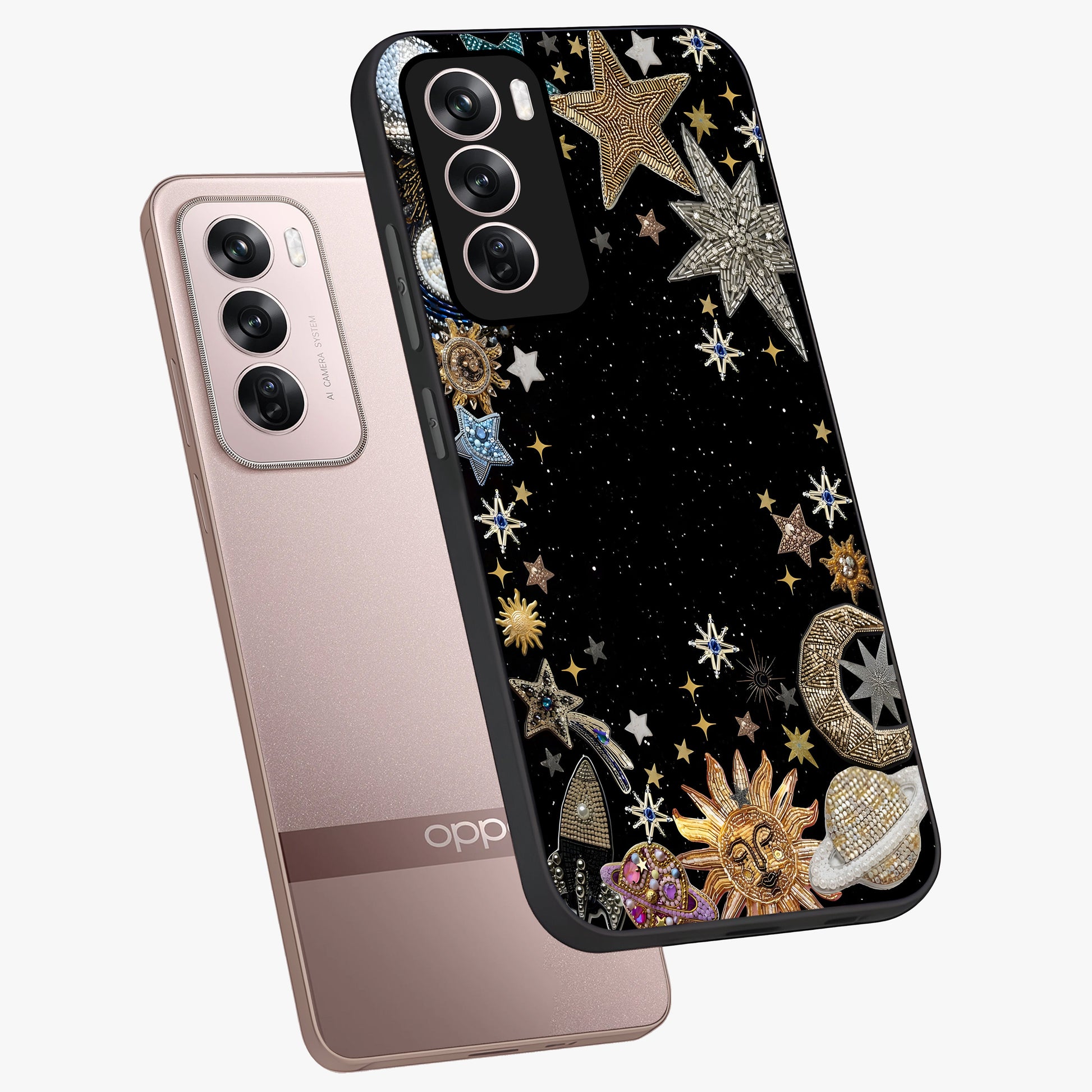 Galactic Jewel Stars Glass Case displayed in angled mockup highlighting shining celestial star design with cosmic aesthetic style.