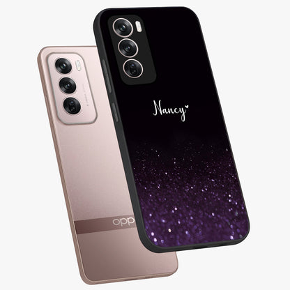 Glittery Purple Bokeh Custom Name Glass Case displayed in angled mockup highlighting glitter bokeh pattern with custom name feature.