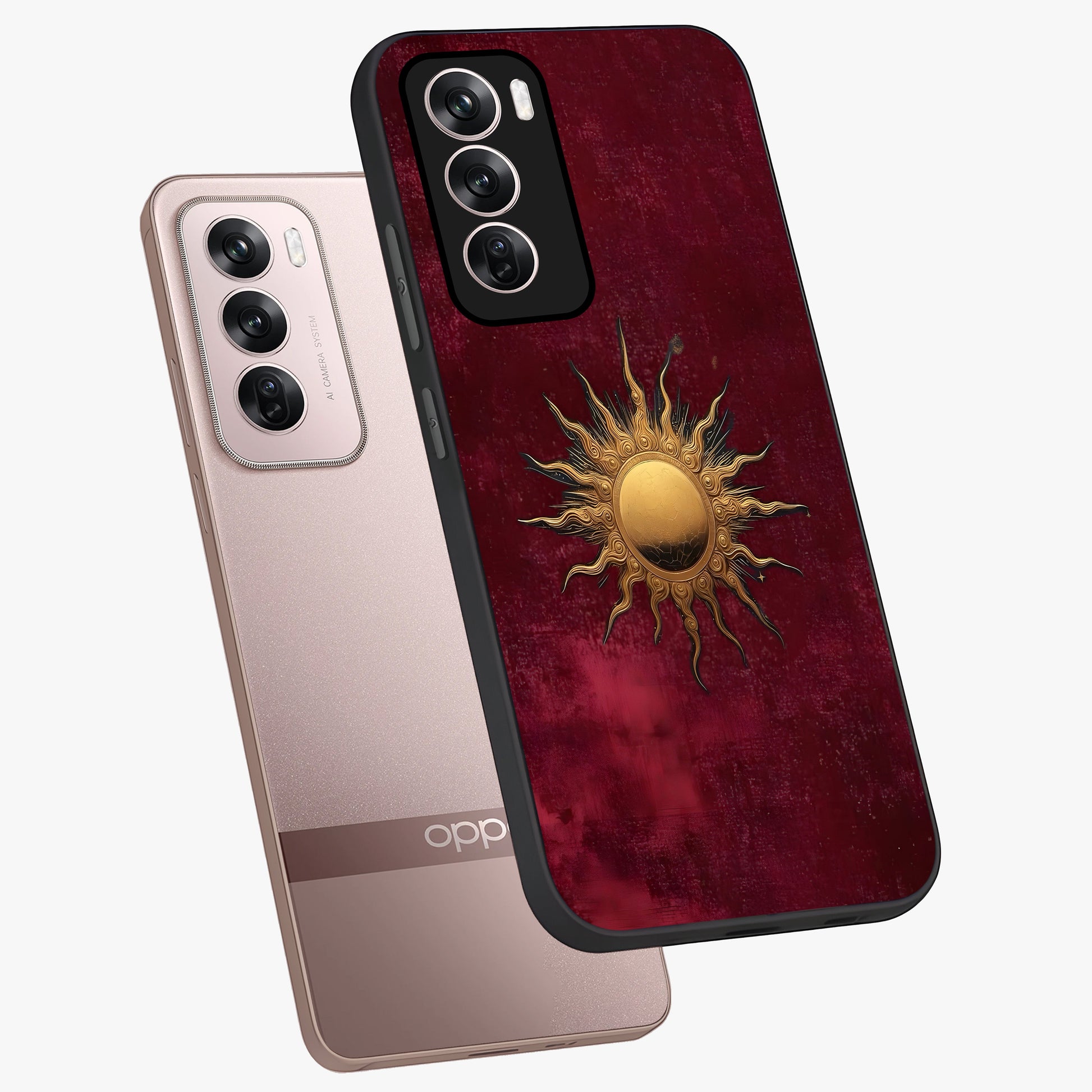 Golden Sun Minimalism Glass Case displayed in angled mockup highlighting clean sun symbol design with modern minimal aesthetic.