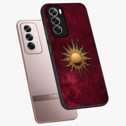 Golden Sun Minimalism Glass Case displayed in angled mockup highlighting clean sun symbol design with modern minimal aesthetic.
