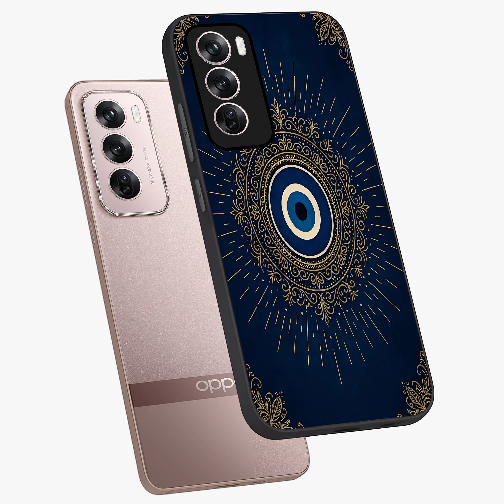 Golden Celestial Charm Glass Case displayed in angled mockup highlighting sparkling cosmic charm design with celestial aesthetic.