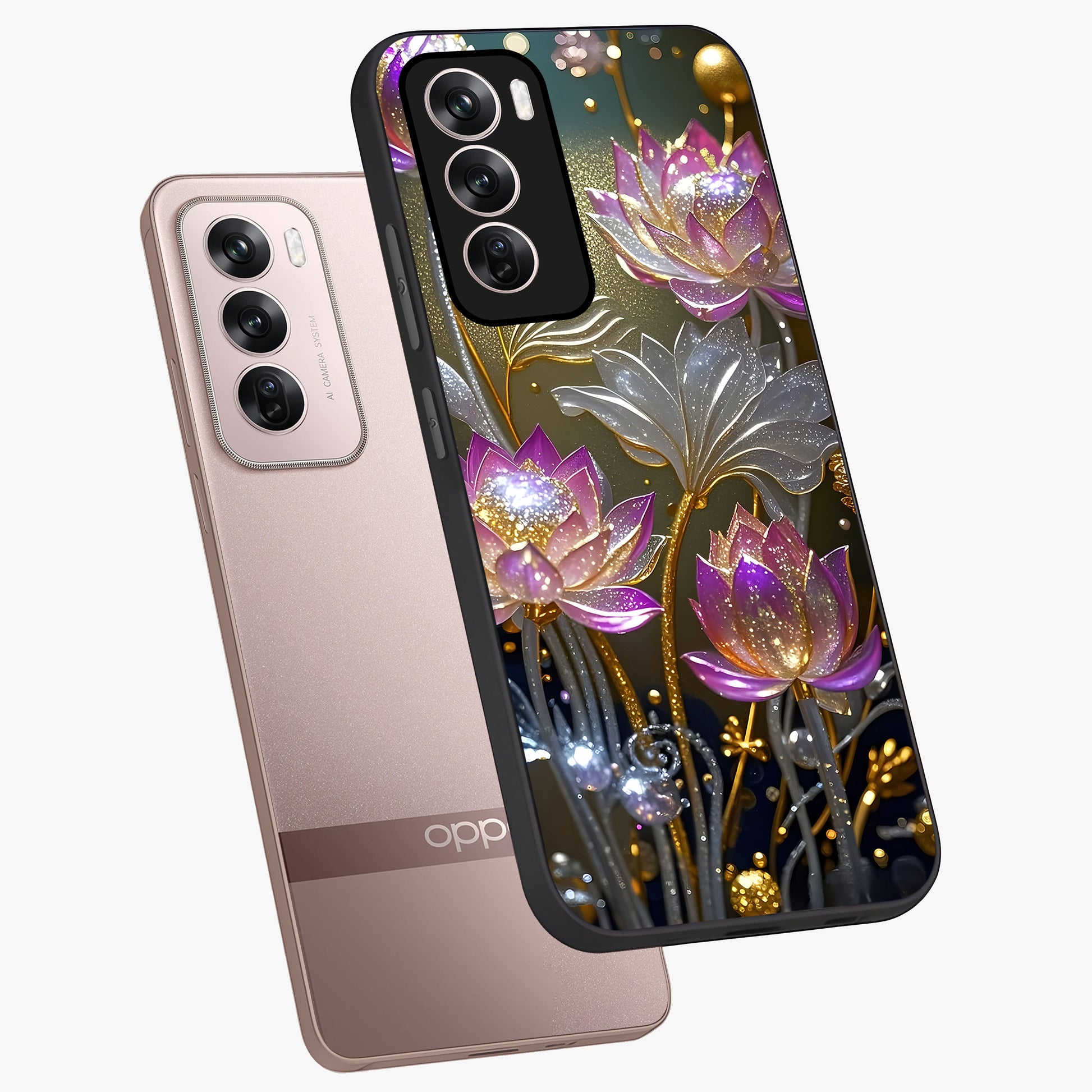 Golden Floral Majesty Glass Case displayed in angled mockup highlighting elegant flower design with royal golden aesthetic.