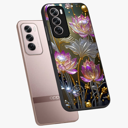 Golden Floral Majesty Glass Case displayed in angled mockup highlighting elegant flower design with royal golden aesthetic.