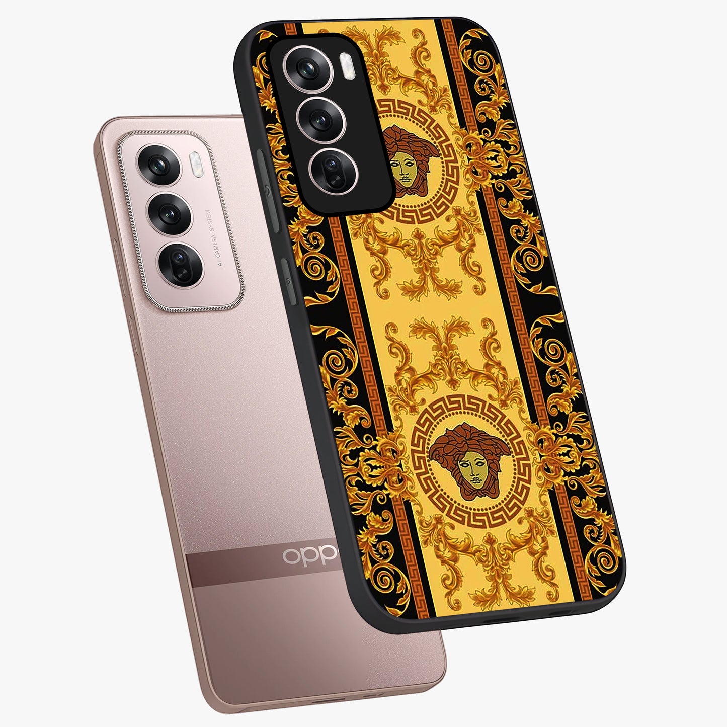 Golden Lotus Glow Glass Case displayed in angled mockup highlighting radiant lotus illustration with spiritual aesthetic.