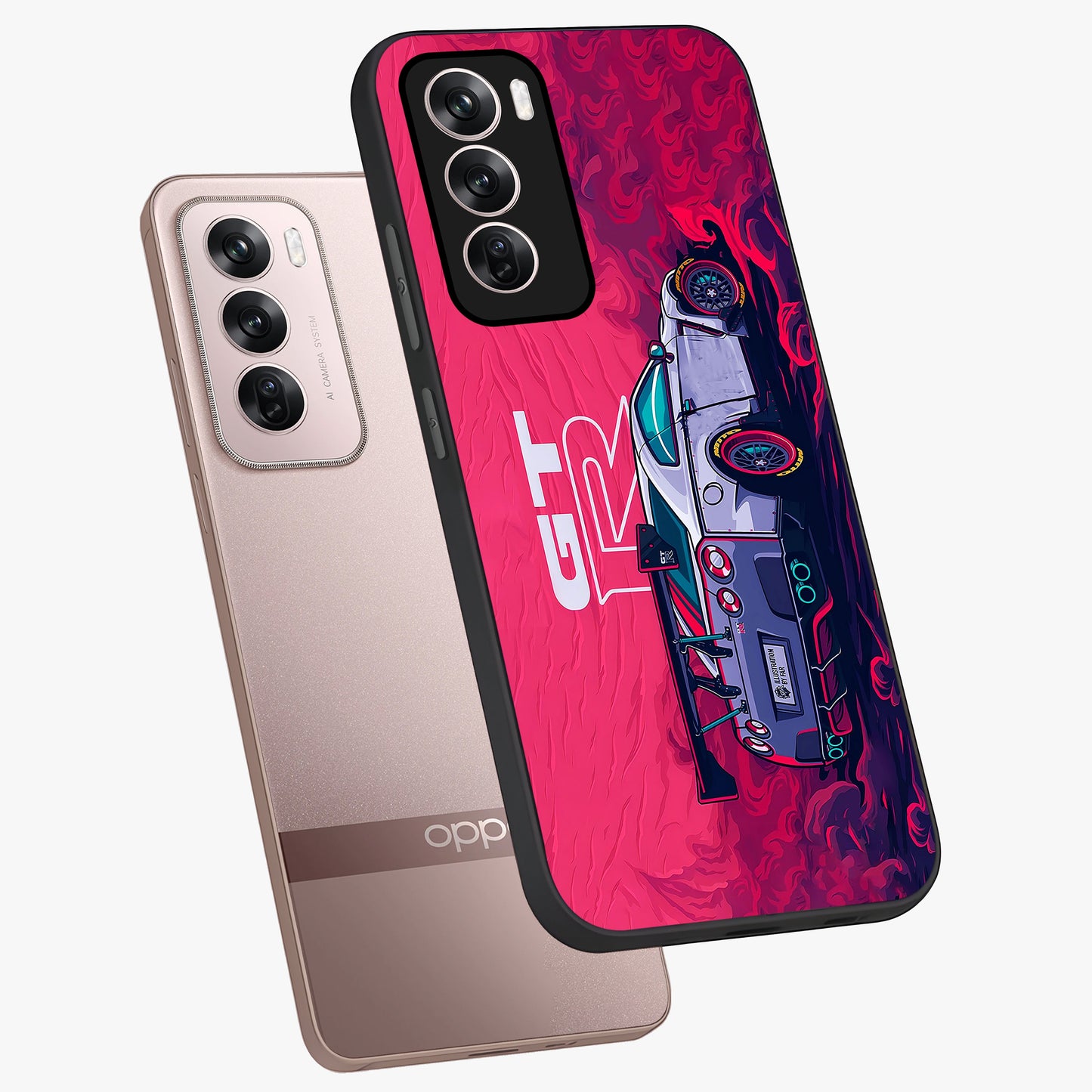 GT-R Car Pattern Glass Case displayed in angled mockup highlighting racing car graphic design with bold automotive aesthetic.