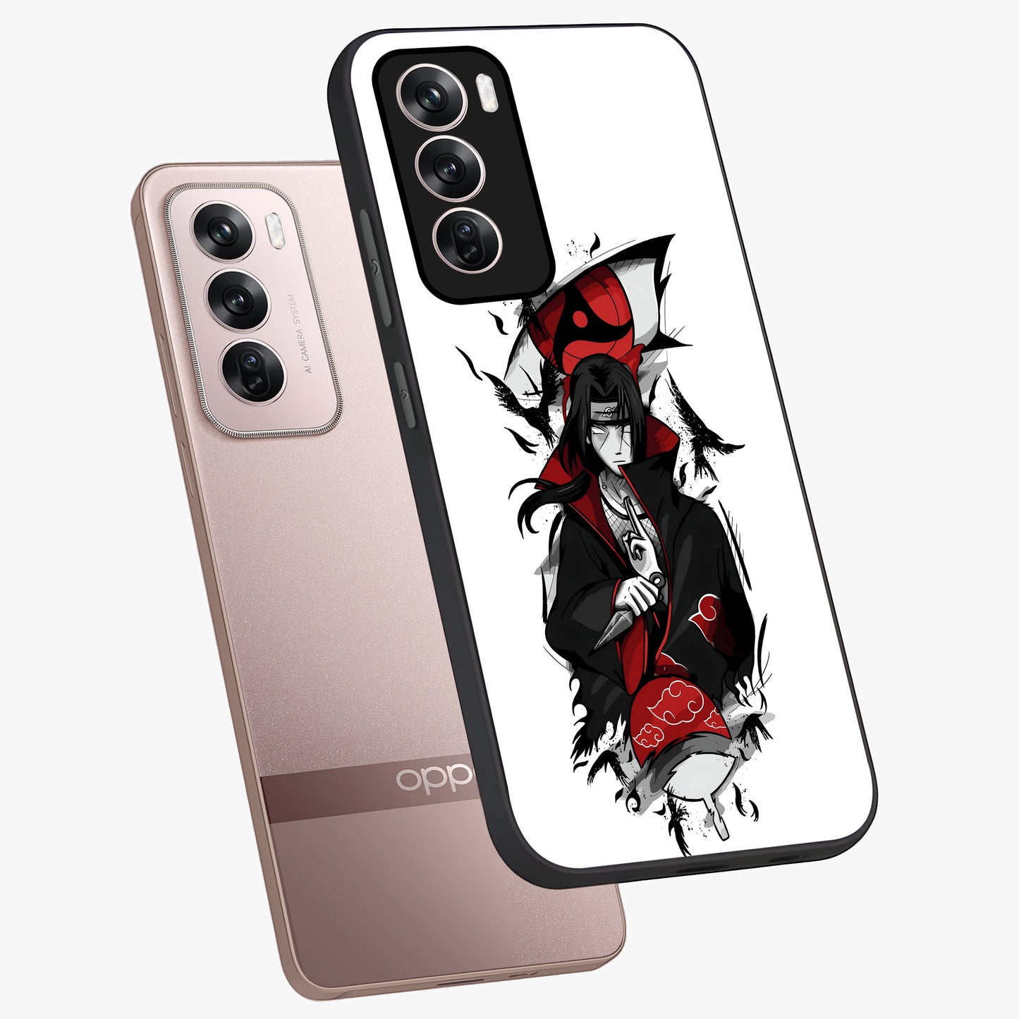 Itachi Limited Edition Naruto Anime Glass Case displayed in angled mockup highlighting dramatic anime illustration with bold action aesthetic.
