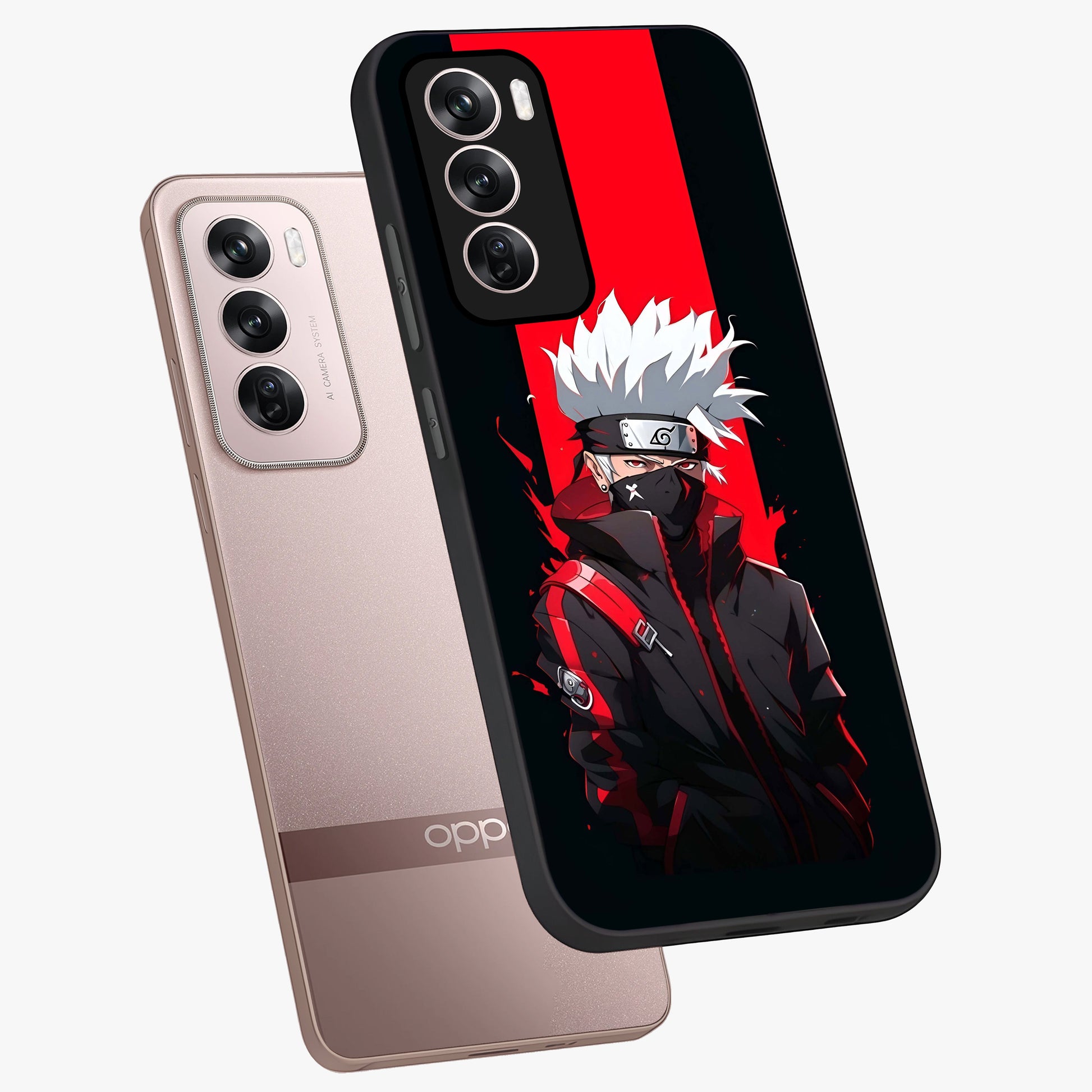 Kakashi Scarlet Shadow Glass Case displayed in angled mockup highlighting dramatic ninja illustration with scarlet themed aesthetic.