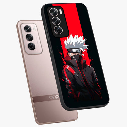 Kakashi Scarlet Shadow Glass Case displayed in angled mockup highlighting dramatic ninja illustration with scarlet themed aesthetic.