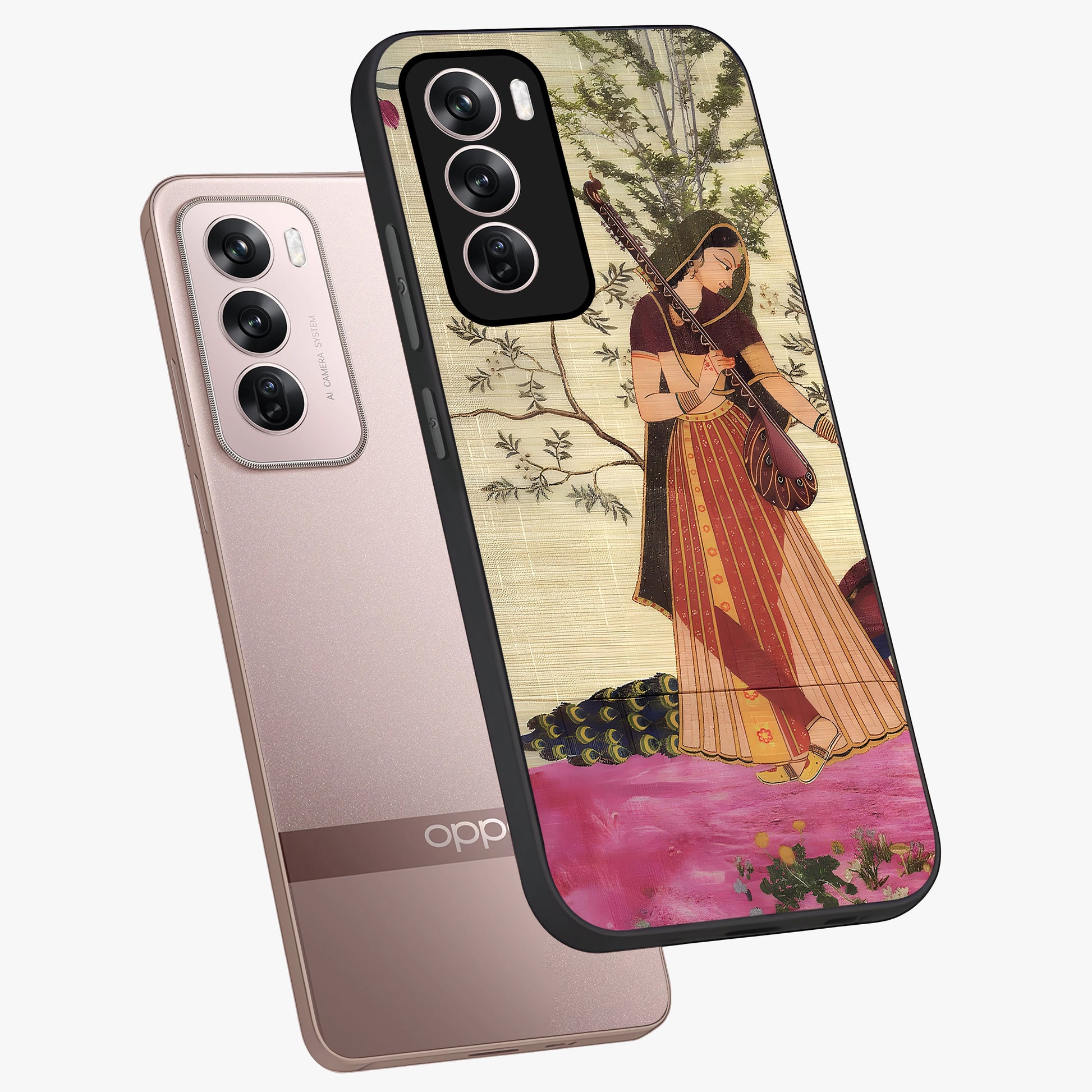 Lady With Veena Art Glass Case displayed in angled mockup highlighting graceful musical illustration with cultural artistic aesthetic.