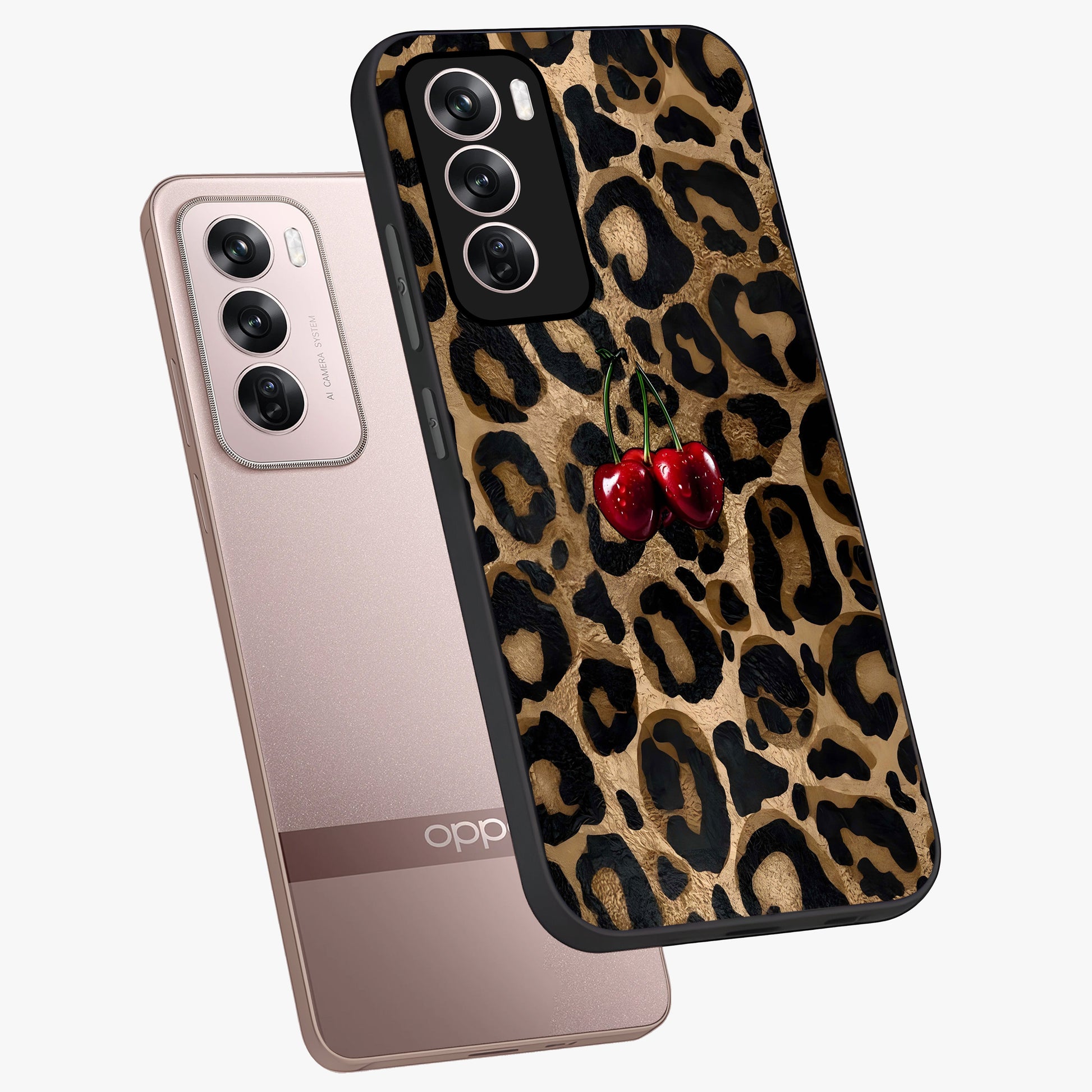 Leopard Wild Cherry Glass Case displayed in angled mockup highlighting bold animal print design with playful cherry aesthetic.