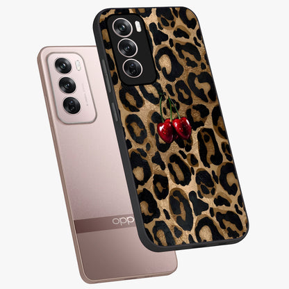 Leopard Wild Cherry Glass Case displayed in angled mockup highlighting bold animal print design with playful cherry aesthetic.