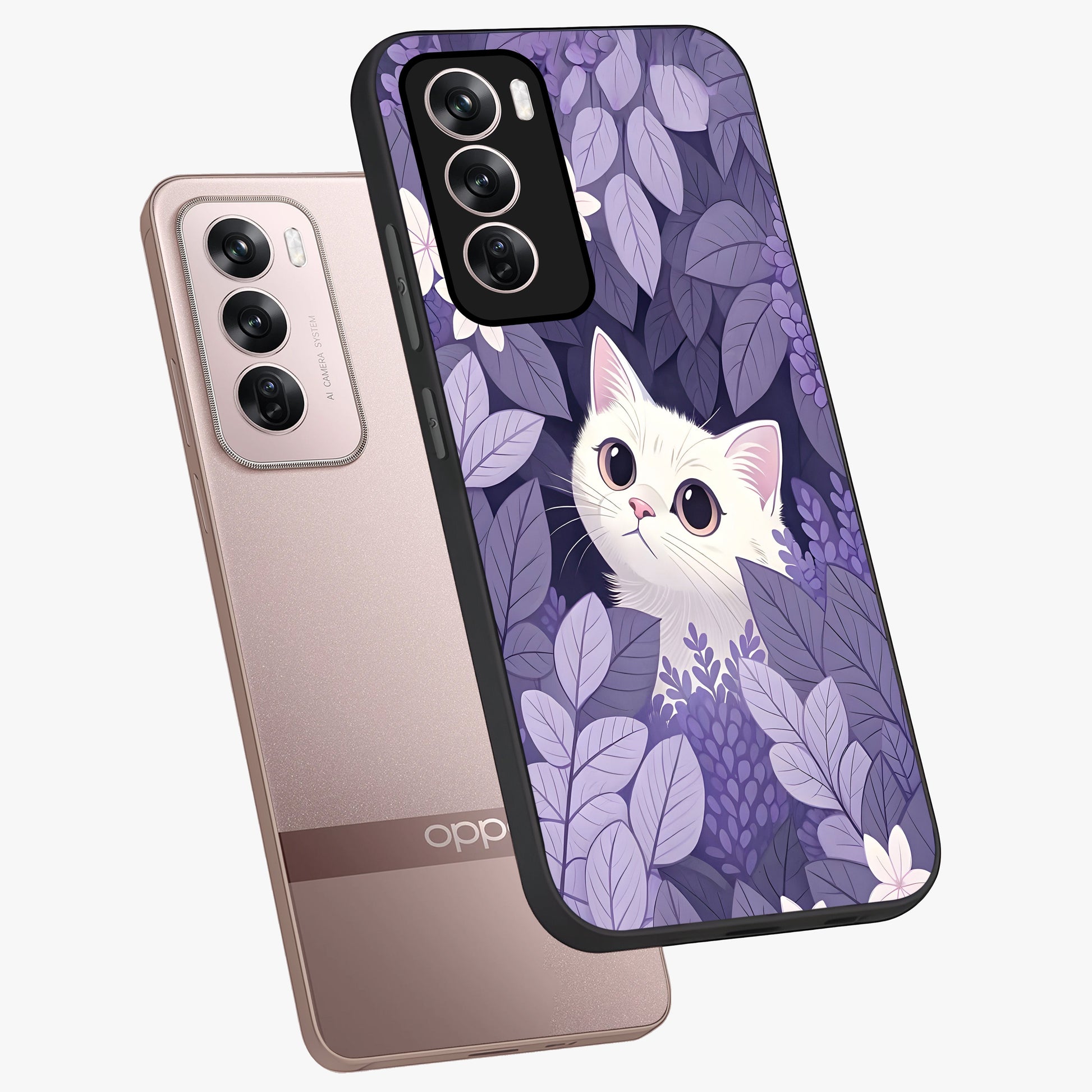Lilac Hide Peek Cat Glass Case displayed in angled mockup highlighting playful feline illustration with lilac aesthetic design.