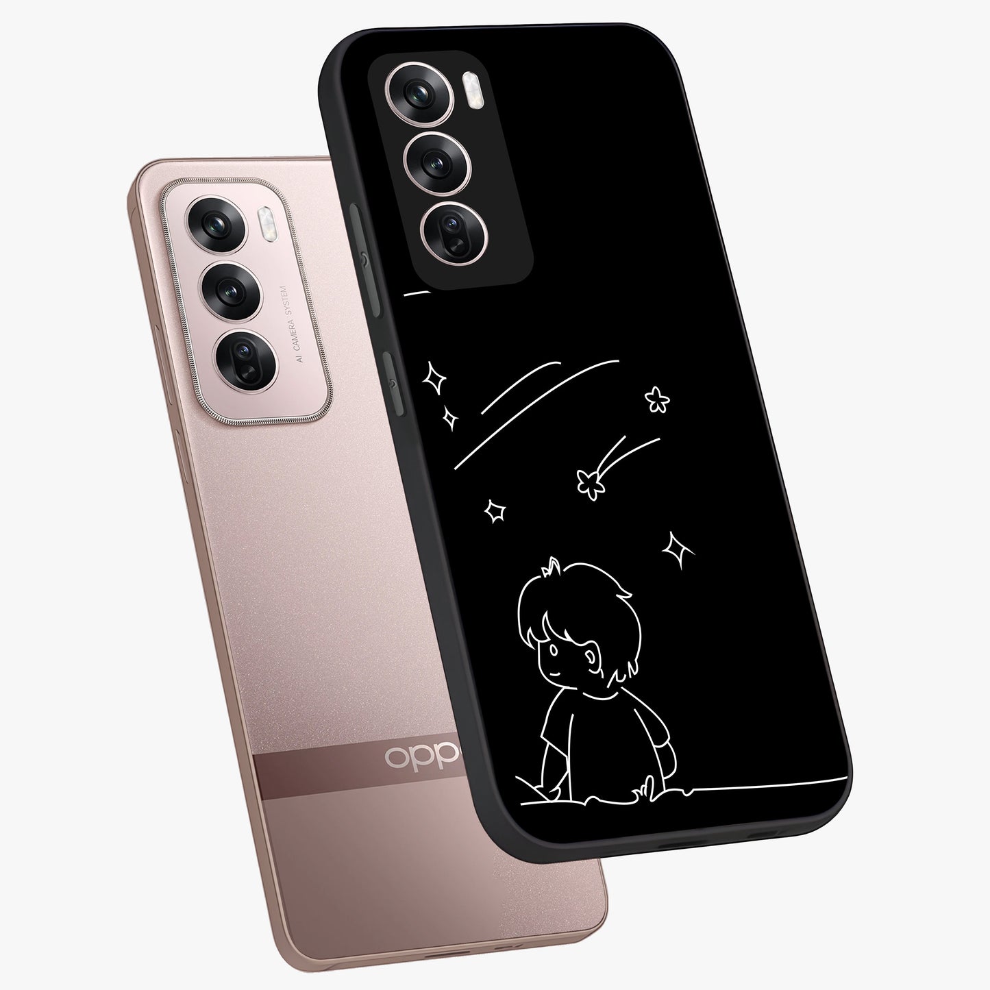 Line Art Boy With Shooting Stars Glass Case displayed in angled mockup highlighting elegant line art design with dreamy star aesthetic.