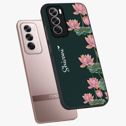Lotus Bloom Serenity Custom Name Glass Case displayed in angled mockup highlighting graceful lotus illustration with custom name feature.