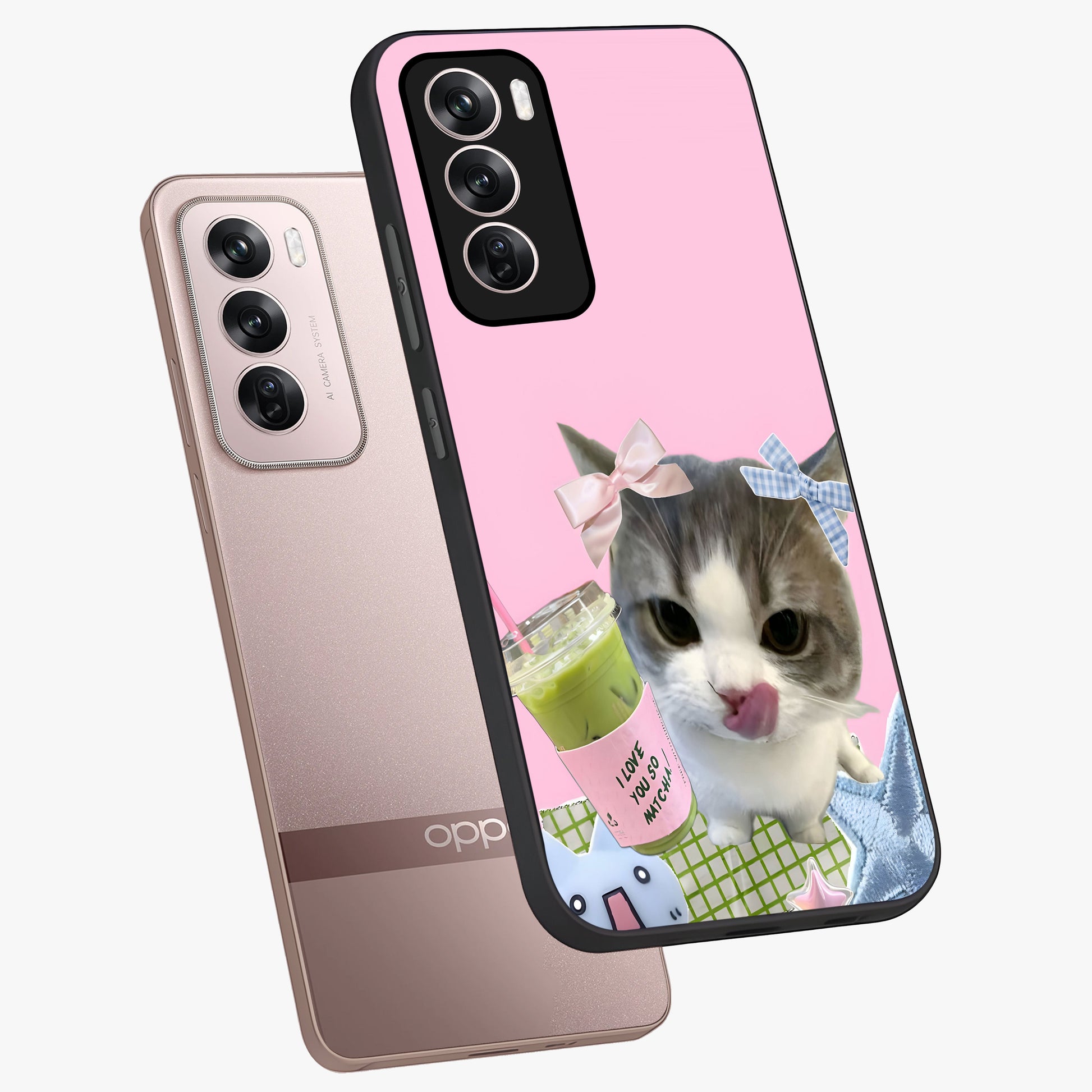 Love Matcha Cat Glass Case displayed in angled mockup highlighting playful feline illustration with cozy matcha aesthetic.