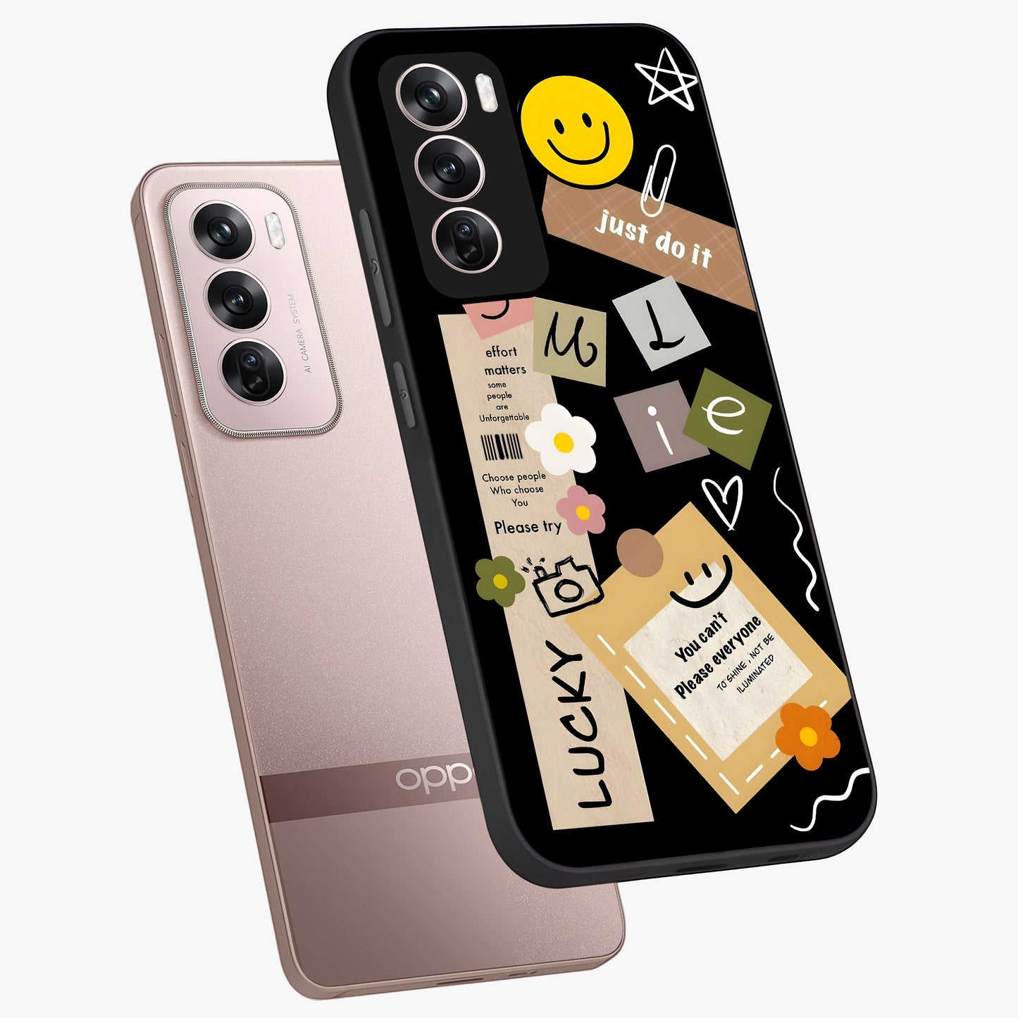 Lucky Aesthetic Collage Glass Case displayed in angled mockup highlighting stylish collage pattern with modern aesthetic vibe.