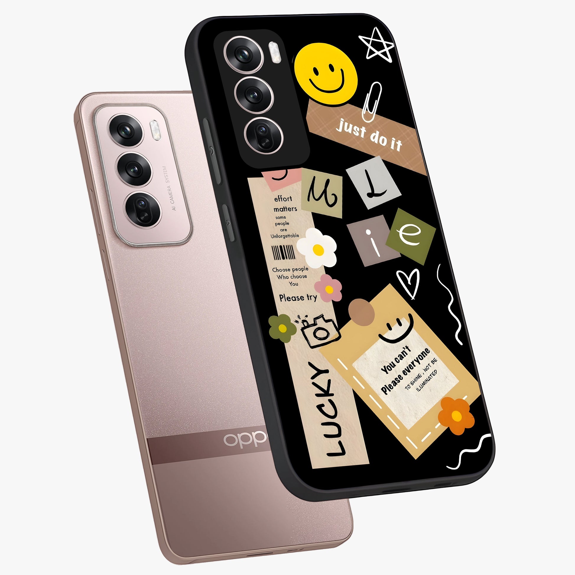 Lucky Aesthetic Collage Glass Case displayed in angled mockup highlighting stylish collage pattern with modern aesthetic vibe.
