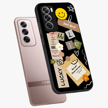 Lucky Aesthetic Collage Glass Case displayed in angled mockup highlighting stylish collage pattern with modern aesthetic vibe.