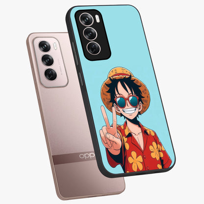 Luffy Summer Anime Vibe Glass Case displayed in angled mockup highlighting energetic anime illustration with summer vibe aesthetic.