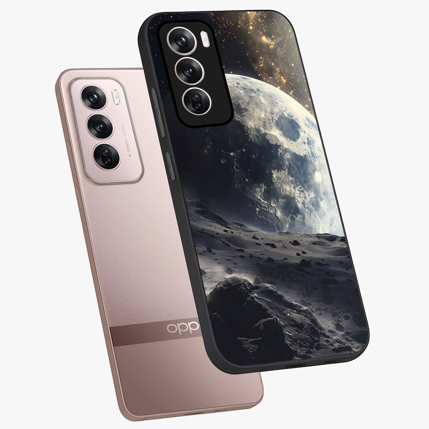 Lunar Horizon Glow Glass Case displayed in angled mockup highlighting celestial moon design with dreamy night aesthetic.