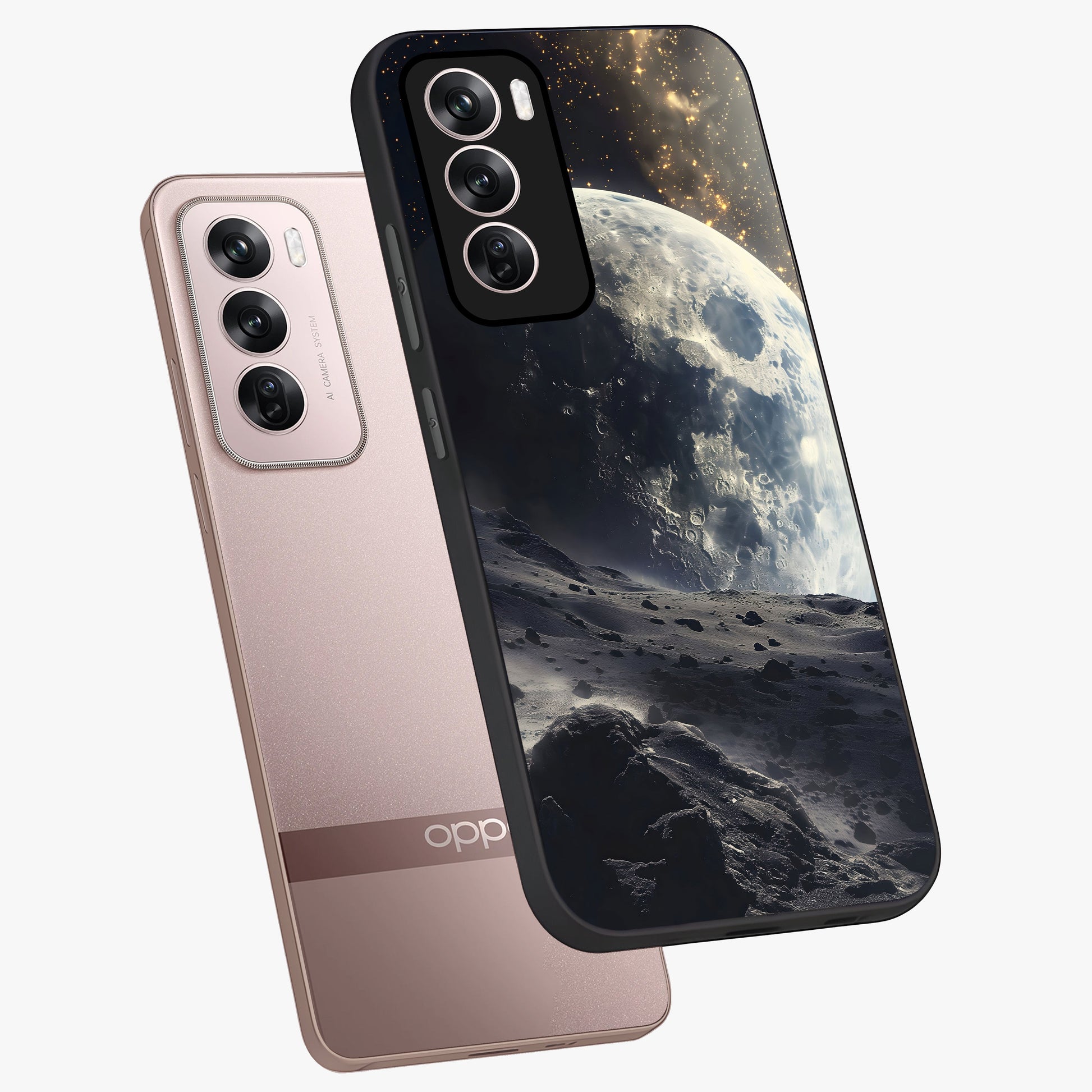 Lunar Horizon Glow Glass Case displayed in angled mockup highlighting celestial moon design with dreamy night aesthetic.
