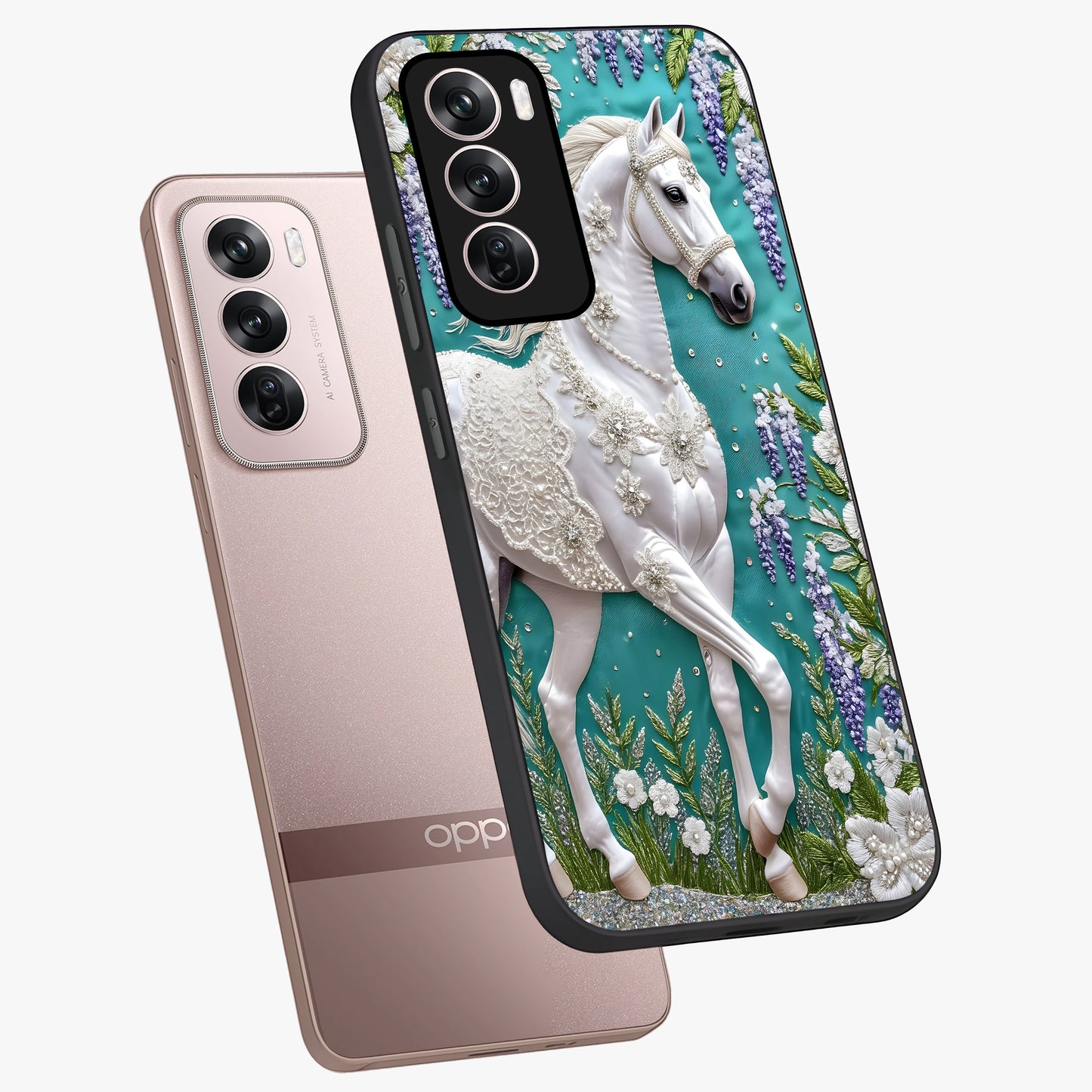 Majestic Floral Stallion Glass Case displayed in angled mockup highlighting majestic stallion illustration with elegant floral aesthetic.