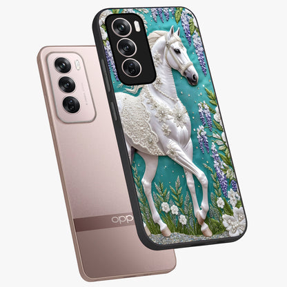 Majestic Floral Stallion Glass Case displayed in angled mockup highlighting majestic stallion illustration with elegant floral aesthetic.