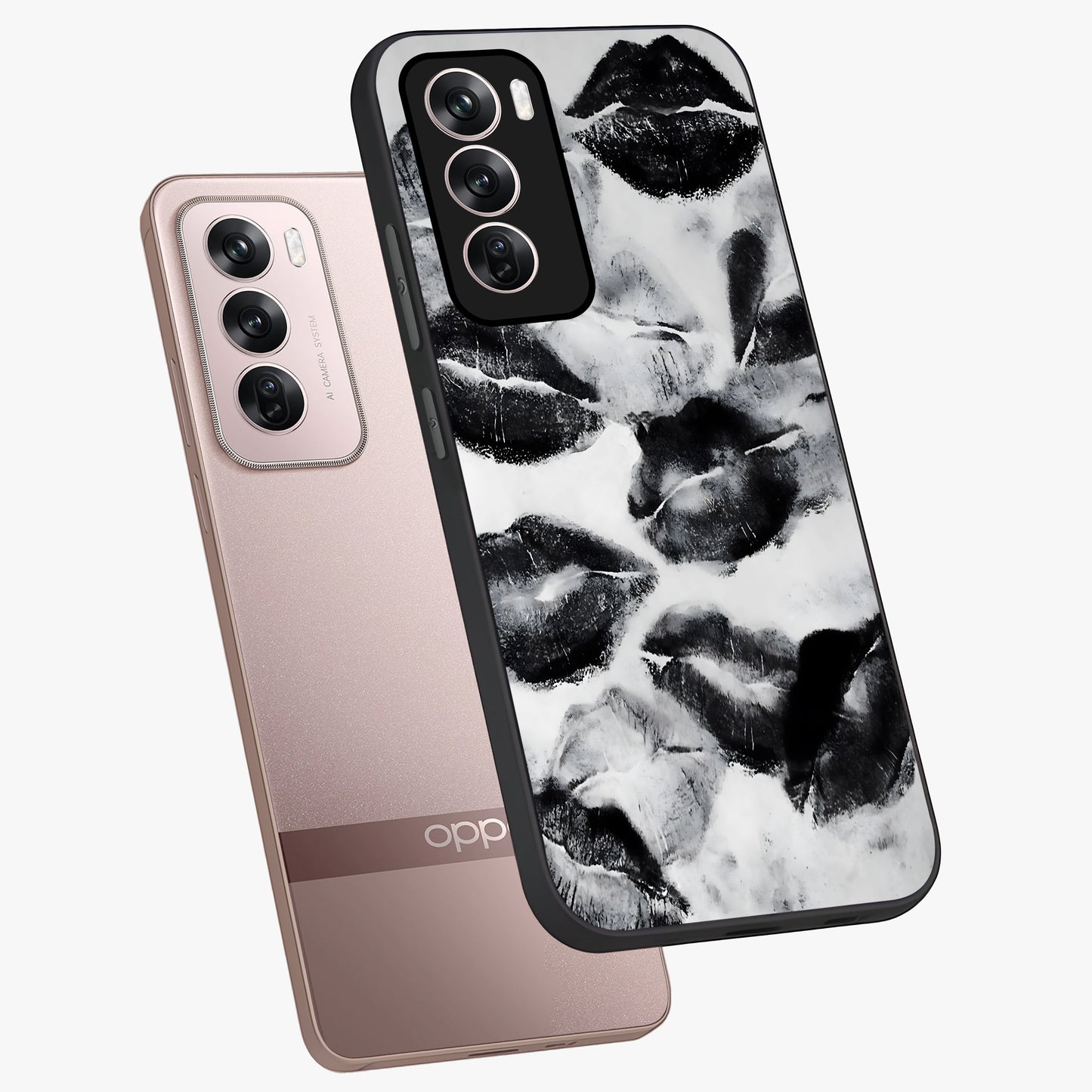Midnight Kiss Marks Glass Case displayed in angled mockup highlighting playful romantic design with bold midnight aesthetic.