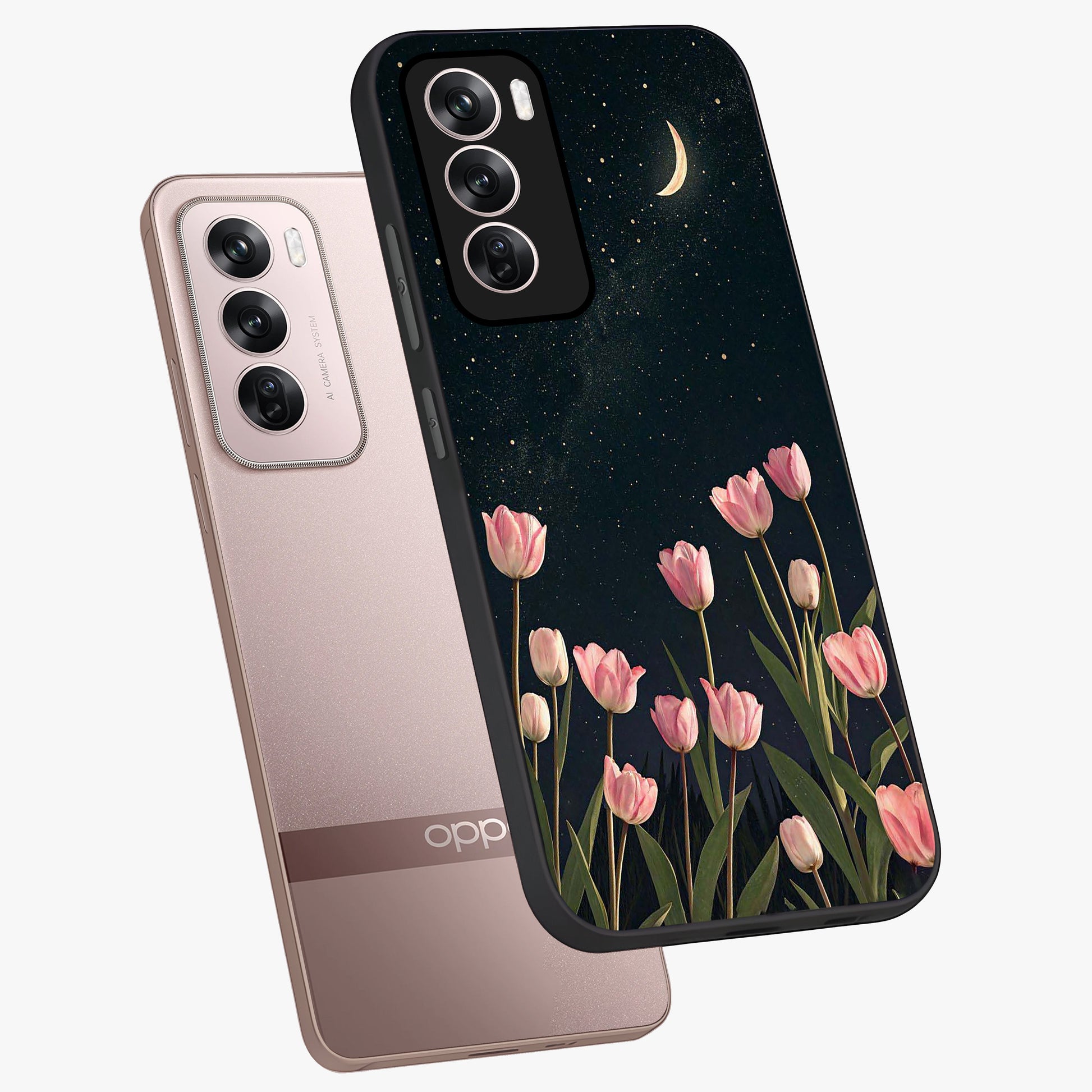 Midnight Tulip Whispers Vibe Glass Case displayed in angled mockup highlighting delicate tulip design with midnight floral aesthetic.
