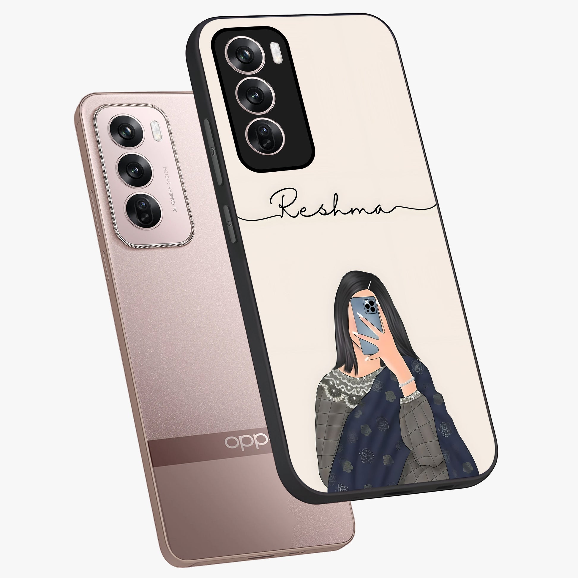 Mirror Mood Muse With Custom Name Glass Case displayed in angled mockup highlighting aesthetic mirror inspired design with custom name feature.