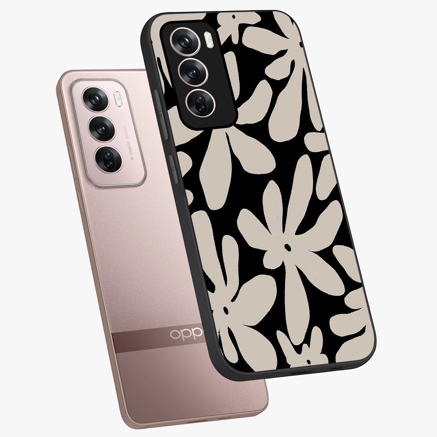 Monochrome Petal Dance Glass Case displayed in angled mockup highlighting elegant petal design with black and white aesthetic.