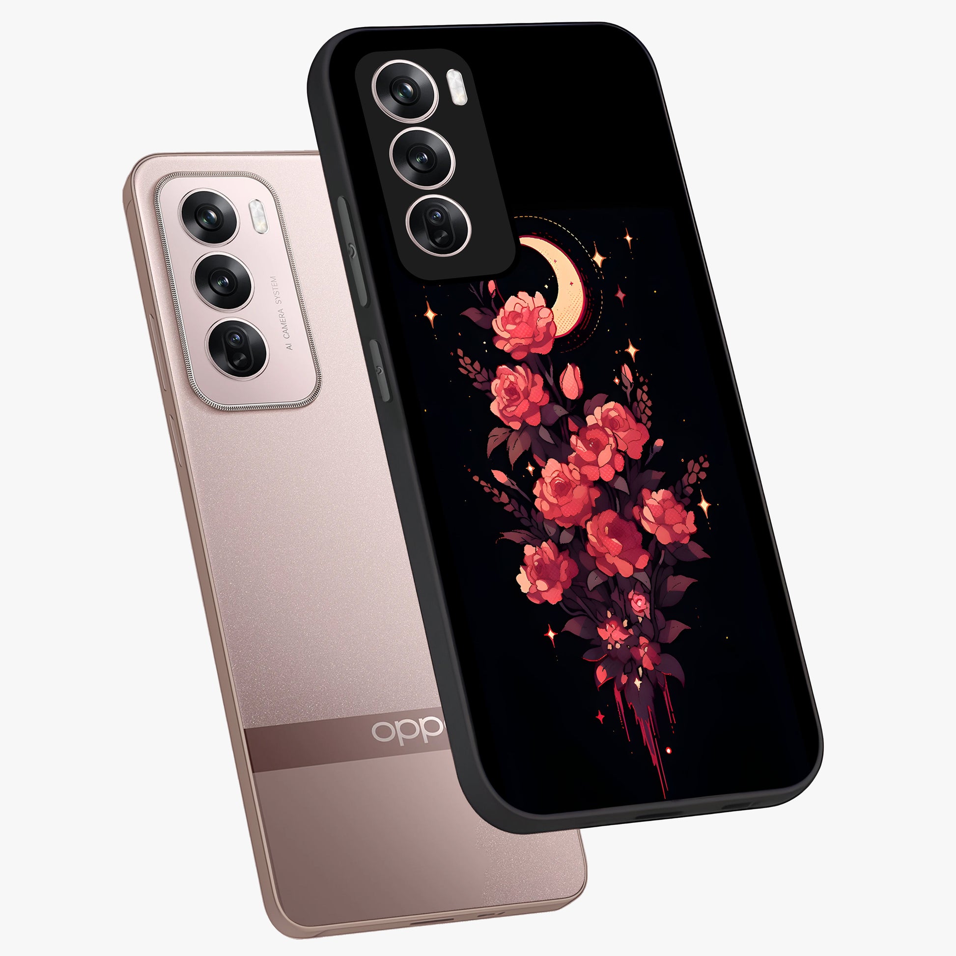 Moonlit Floral Elegance Glass Case displayed in angled mockup highlighting graceful flower design with soft moonlight aesthetic.