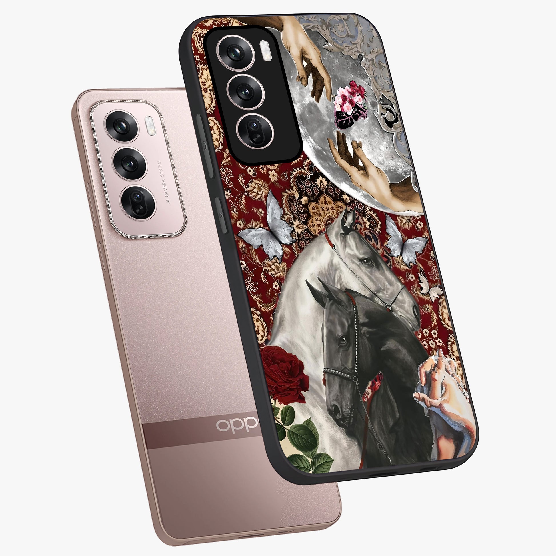 Moonlit Royal Stallion Glass Case displayed in angled mockup highlighting powerful stallion illustration with royal night aesthetic.