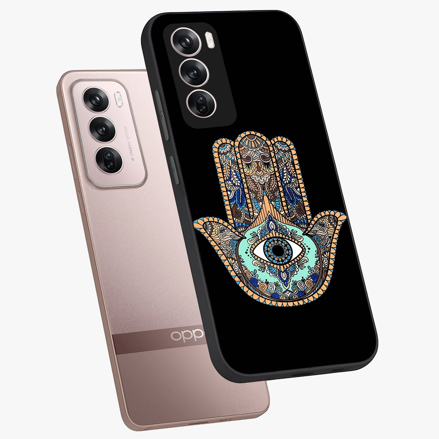 Mystic Hamsa Eye Glass Case displayed in angled mockup highlighting spiritual hamsa symbol with mystical aesthetic style.