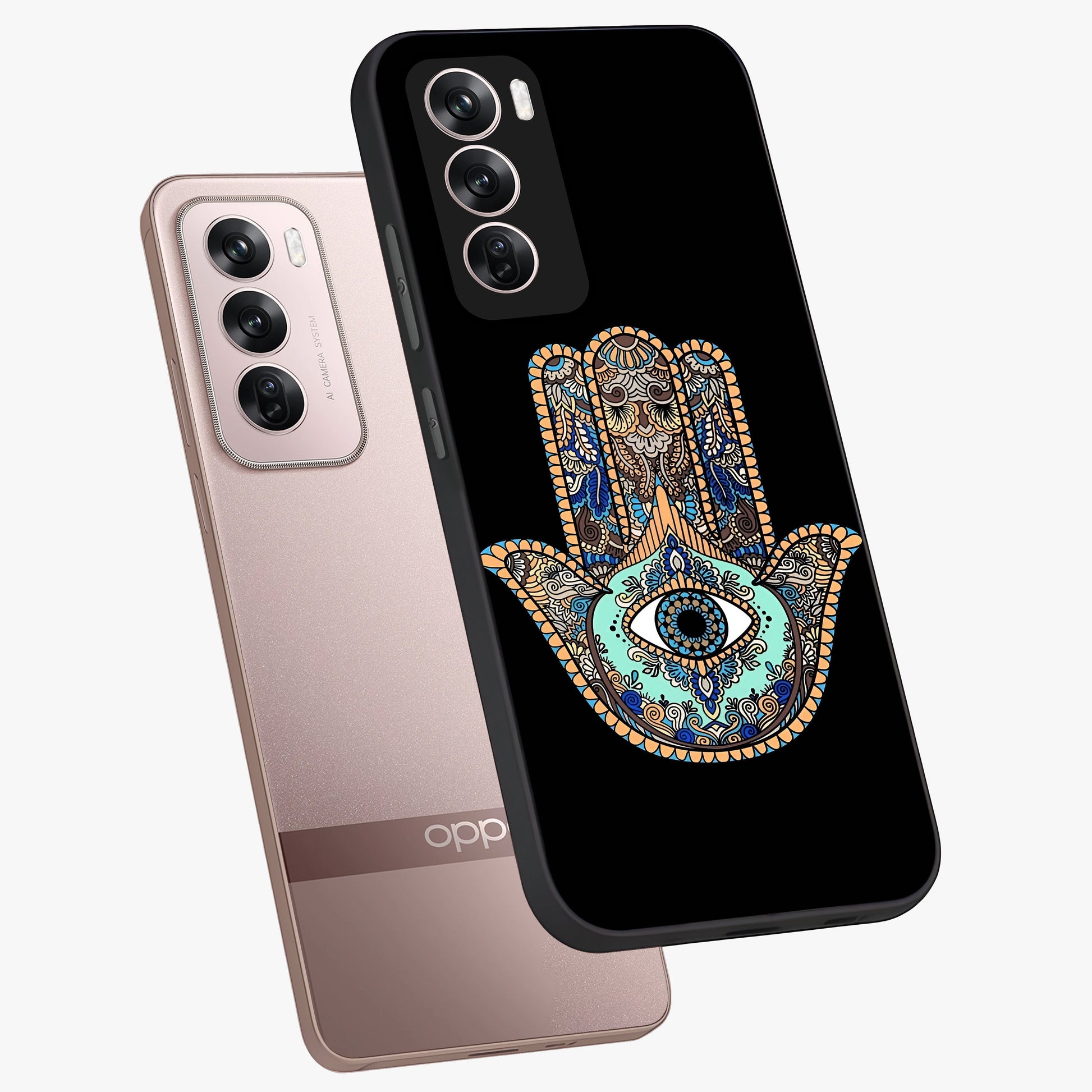 Mystic Hamsa Eye Glass Case displayed in angled mockup highlighting spiritual hamsa symbol with mystical aesthetic style.