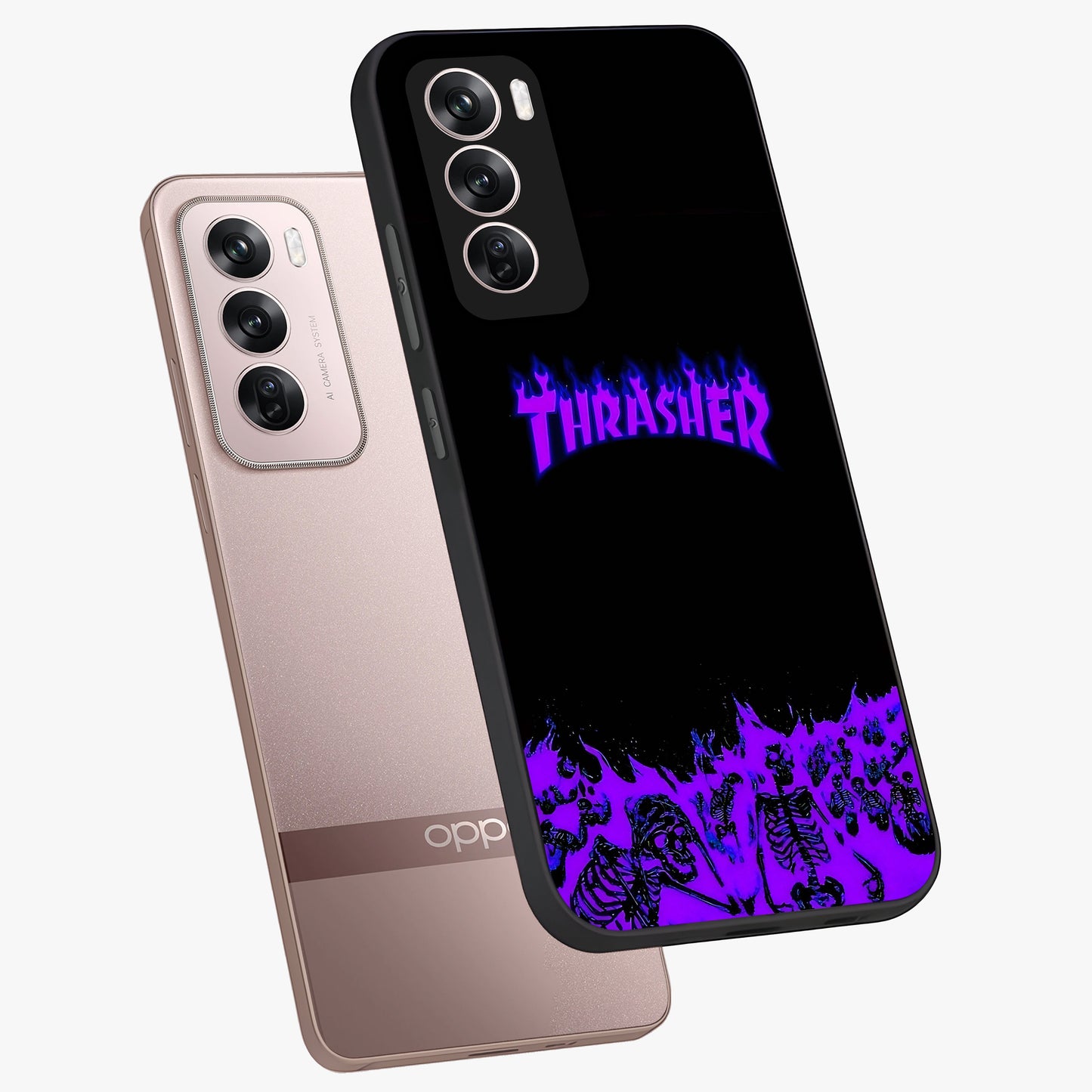Neon Flame Riot Glass Case displayed in angled mockup highlighting glowing flame design with vibrant neon aesthetic.