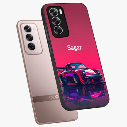 Neon Pink Porsche Glass Case displayed in angled mockup highlighting sleek neon pink car design with racing aesthetic.