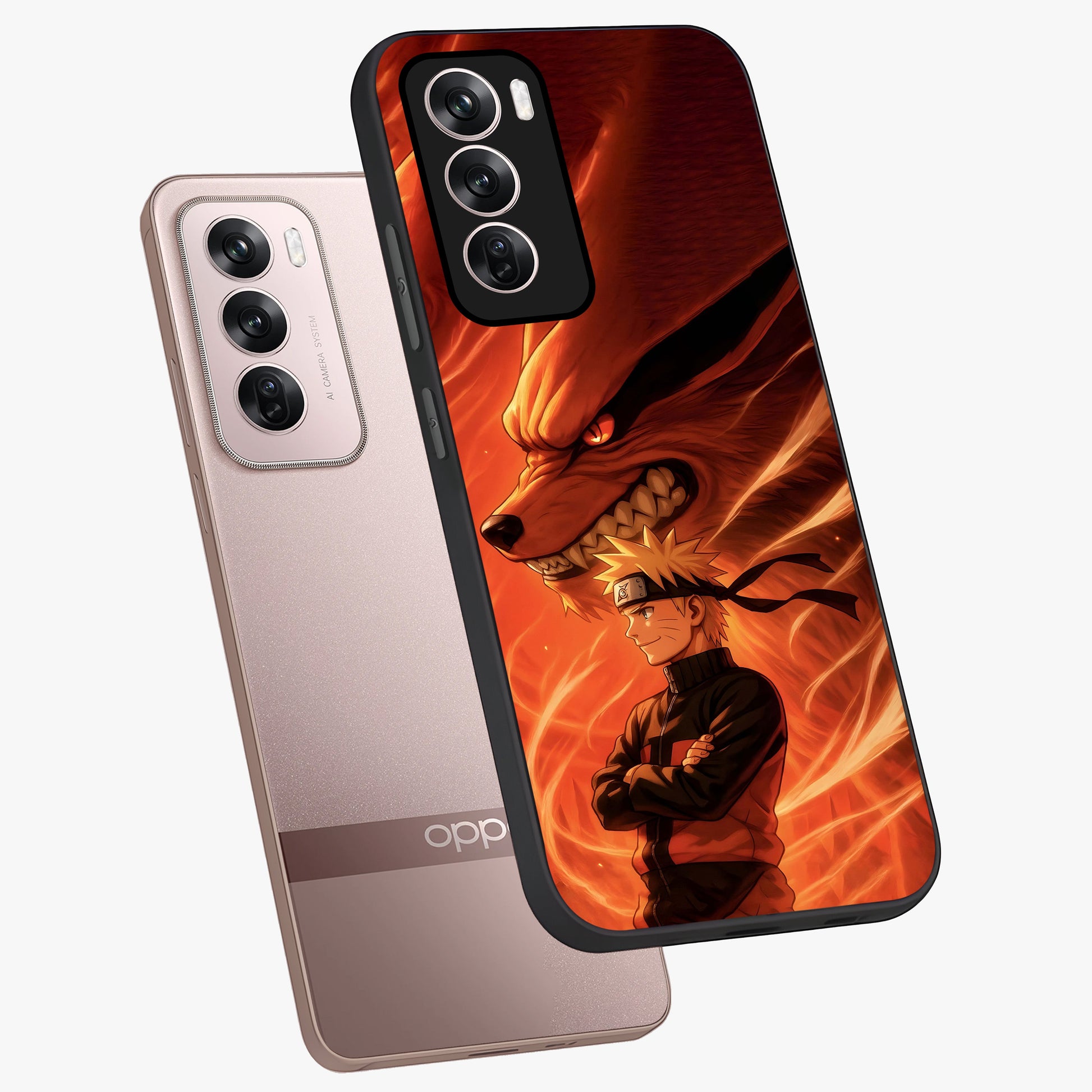 Nine Tails Legacy Glass Case displayed in angled mockup highlighting dynamic anime beast illustration with bold mystical aesthetic.