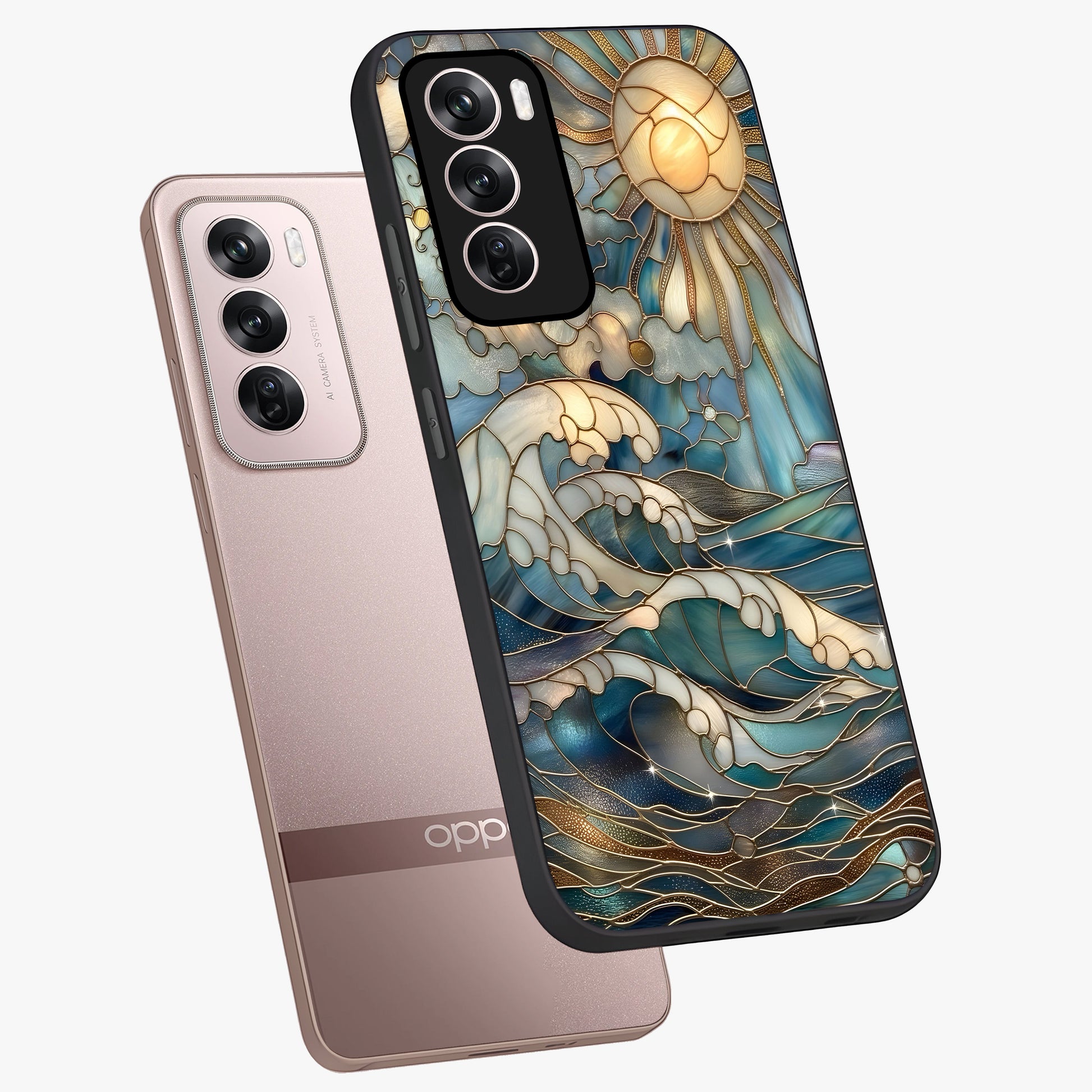 Oceanic Stained Printed Glass Case displayed in angled mockup highlighting colorful aquatic design with artistic aesthetic style.