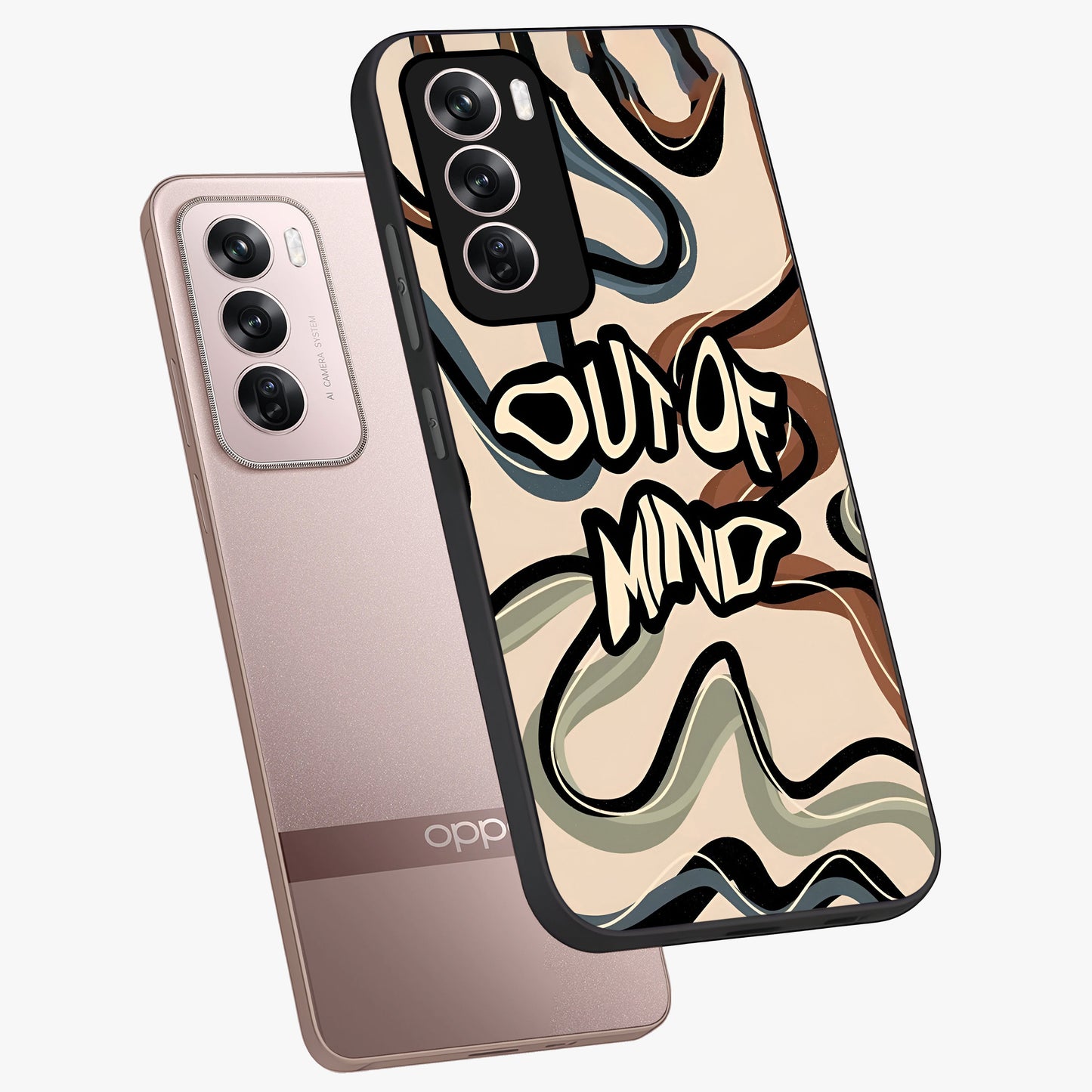 Out Of Mind Glass Case displayed in angled mockup highlighting bold statement design with modern artistic aesthetic.