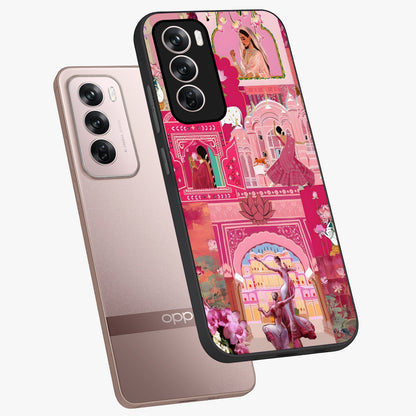 Pink Palace Muse Glass Case displayed in angled mockup highlighting dreamy palace illustration with soft pink aesthetic.