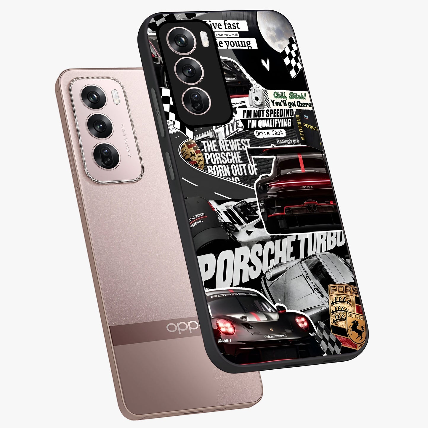 Porsche Racing Collage Glass Case displayed in angled mockup highlighting dynamic automotive design with bold racing aesthetic.