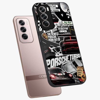 Porsche Racing Collage Glass Case displayed in angled mockup highlighting dynamic automotive design with bold racing aesthetic.